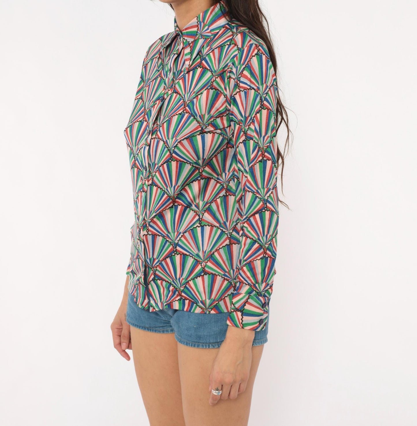70s Helen Sue Fan Print Shirt Geometric Button Front Pointed Collar Small