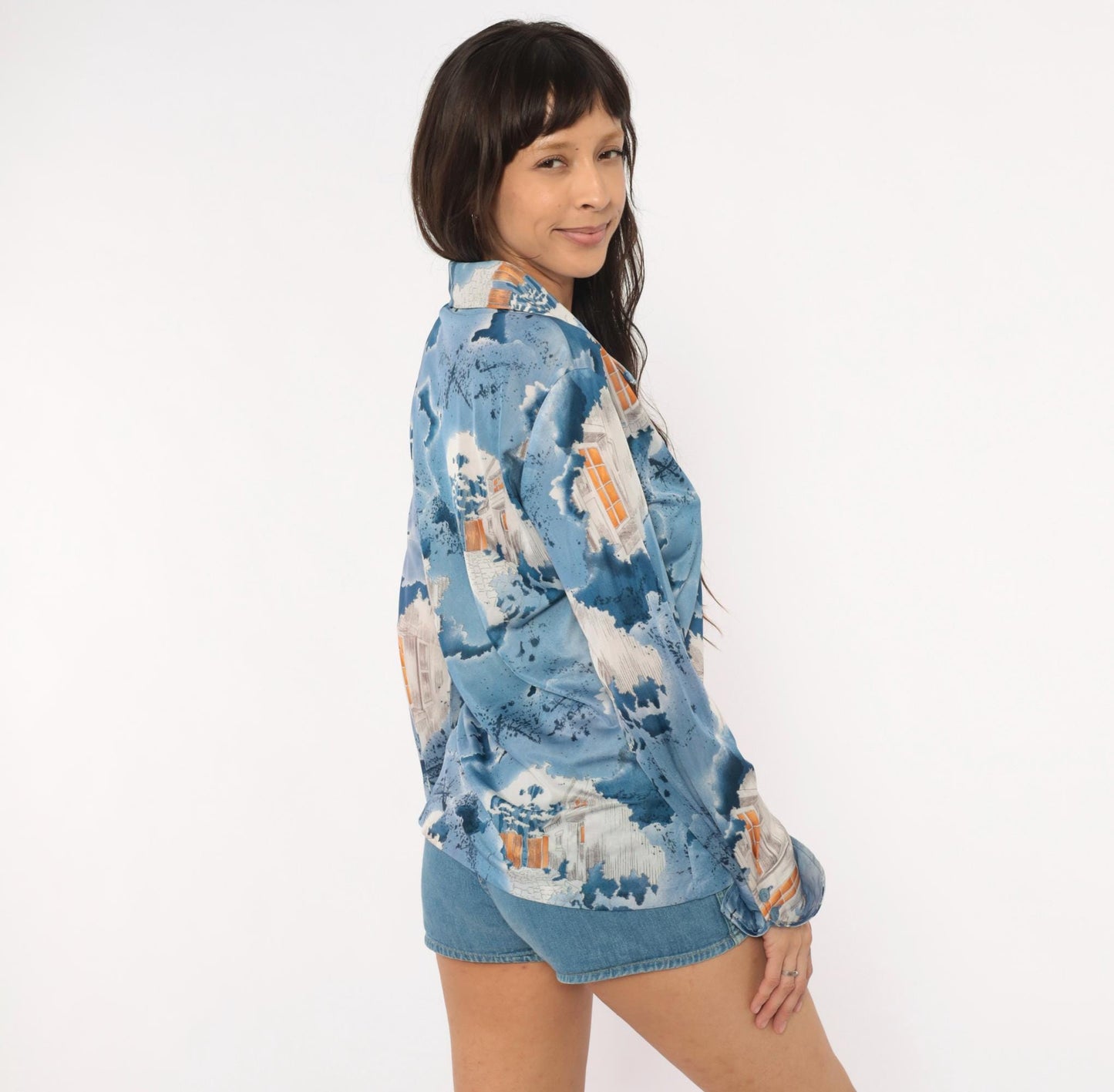 70s Triumph of California Architectural Print Shirt Blue Pointed Collar Medium