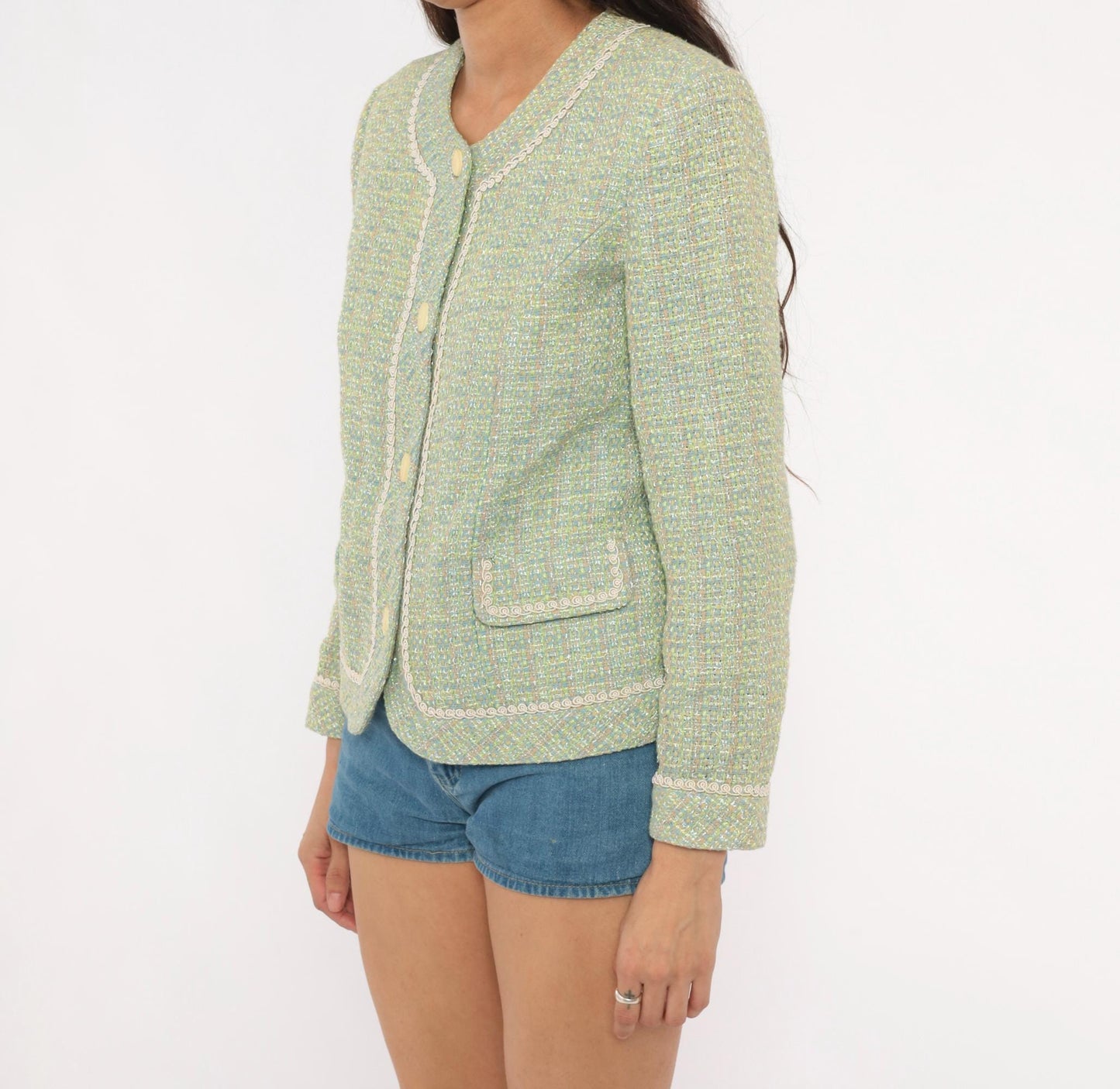2000s Henry Lee Sage Tweed Blazer Collarless V-Neck Boucle Small S
