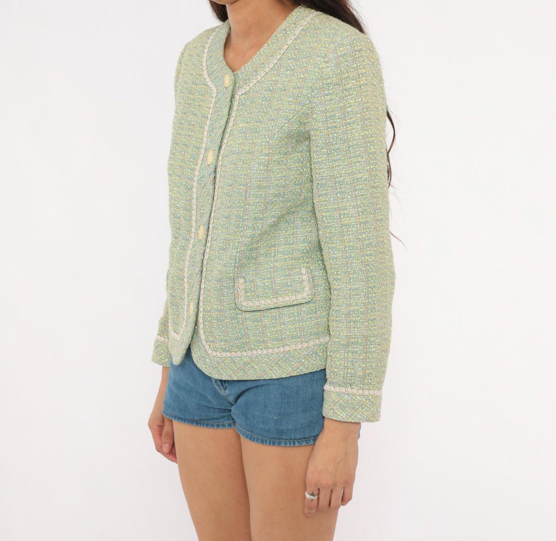 2000s Henry Lee Sage Tweed Blazer Collarless V-Neck Boucle Small S