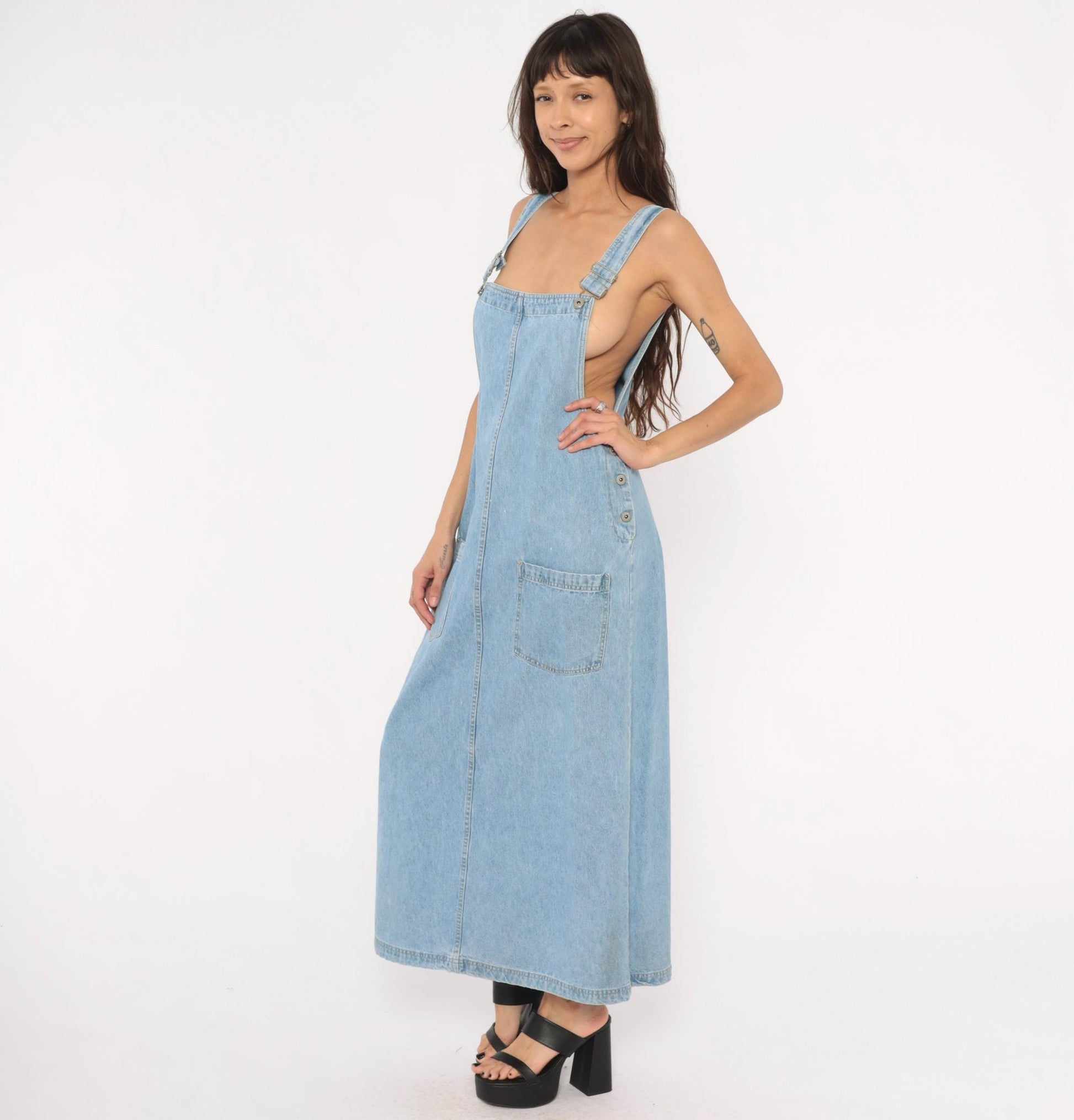 Y2K Faded Glory Light Blue Denim Overall Dress Maxi Length Medium M