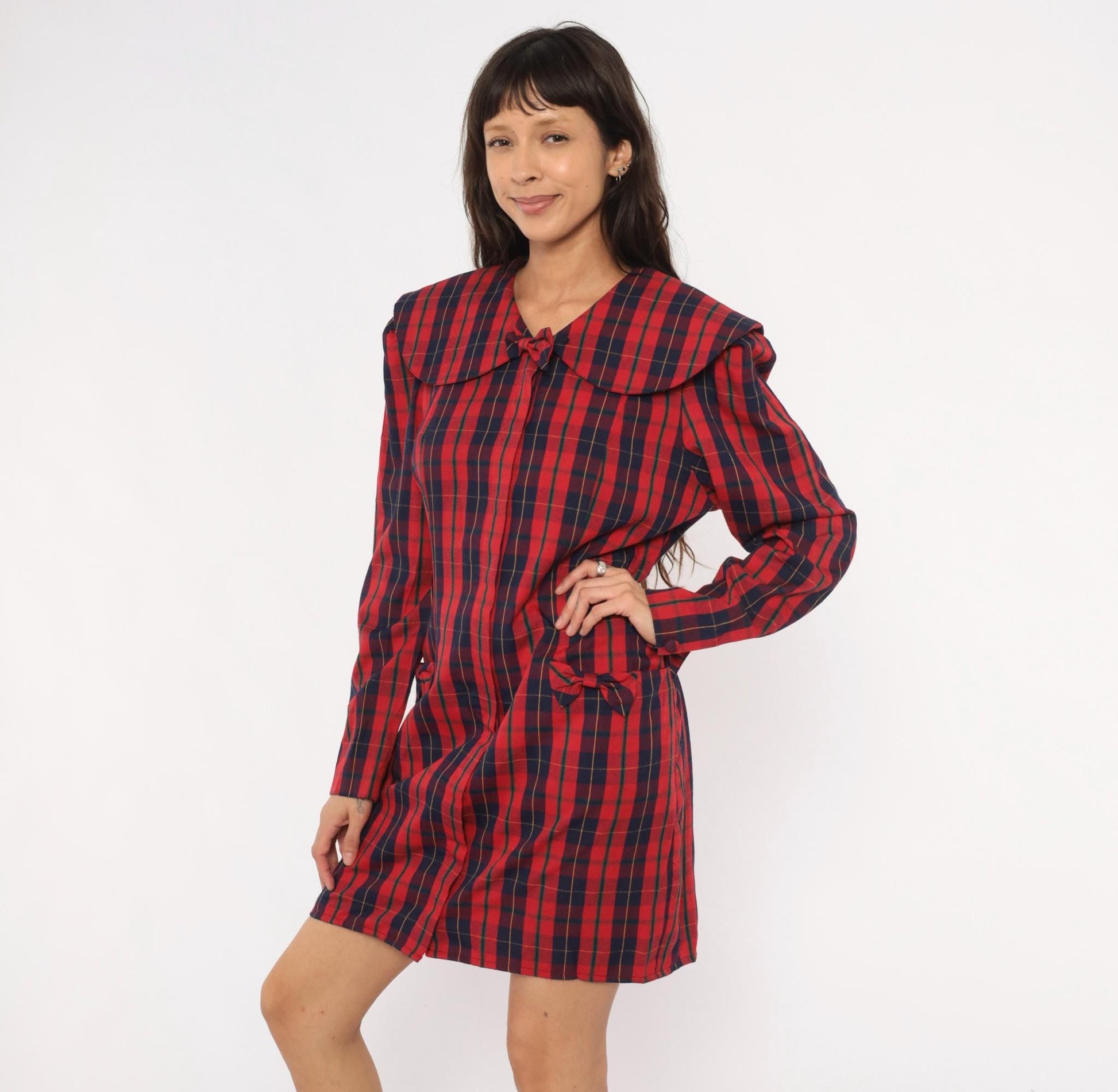 80s Sharon Young Plaid Shift Dress Red Navy Tartan Peter Pan Collar Large L