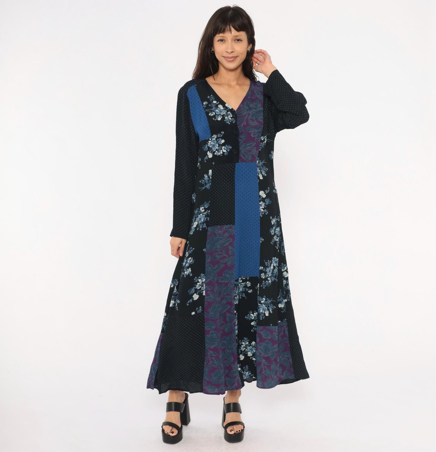 90s Carole Little Patchwork Floral Maxi Dress V Neck Button Front Medium M