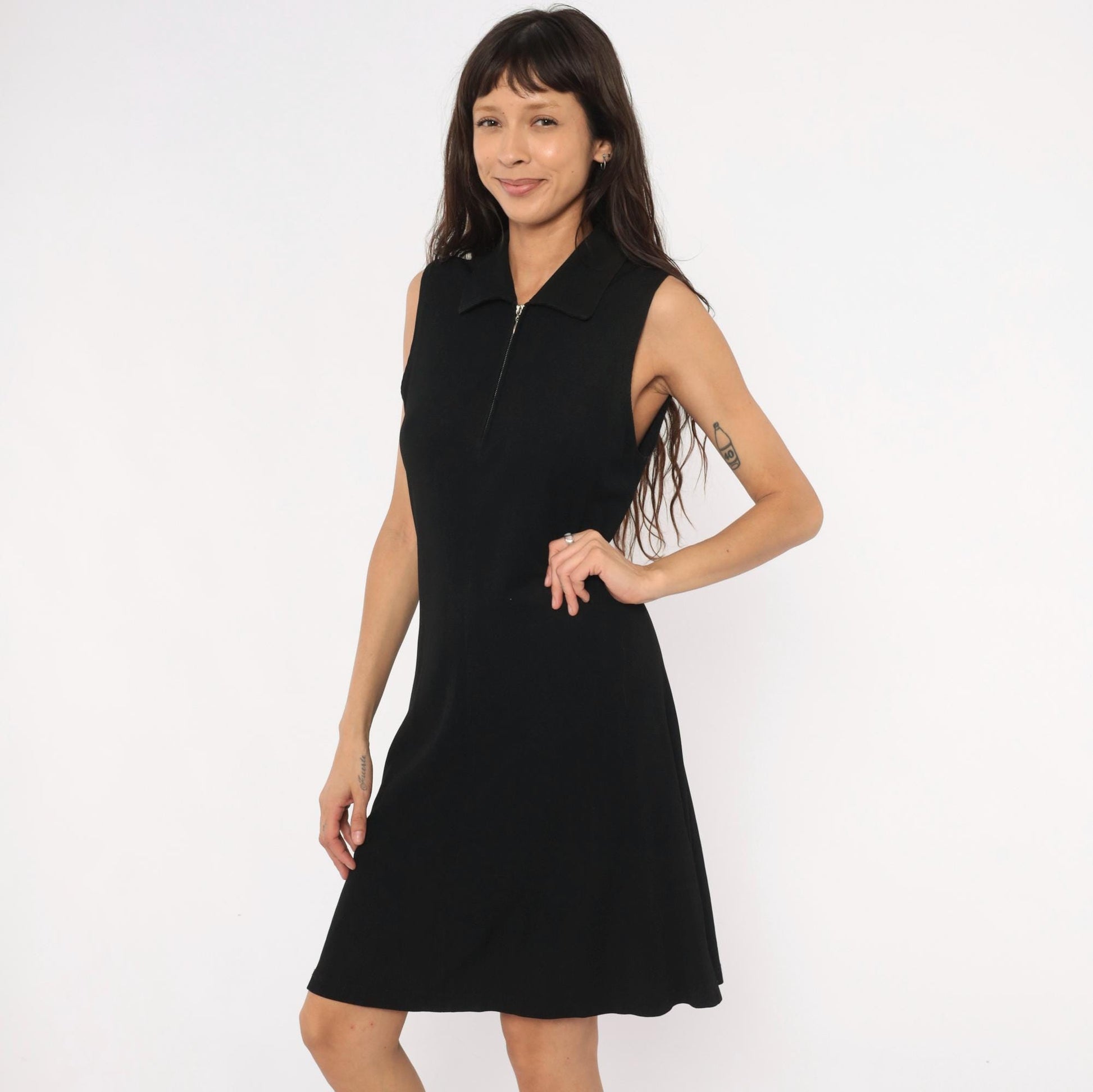 90s Ronni Nicole Black Zip Front Sleeveless Dress Knee-Length Large L