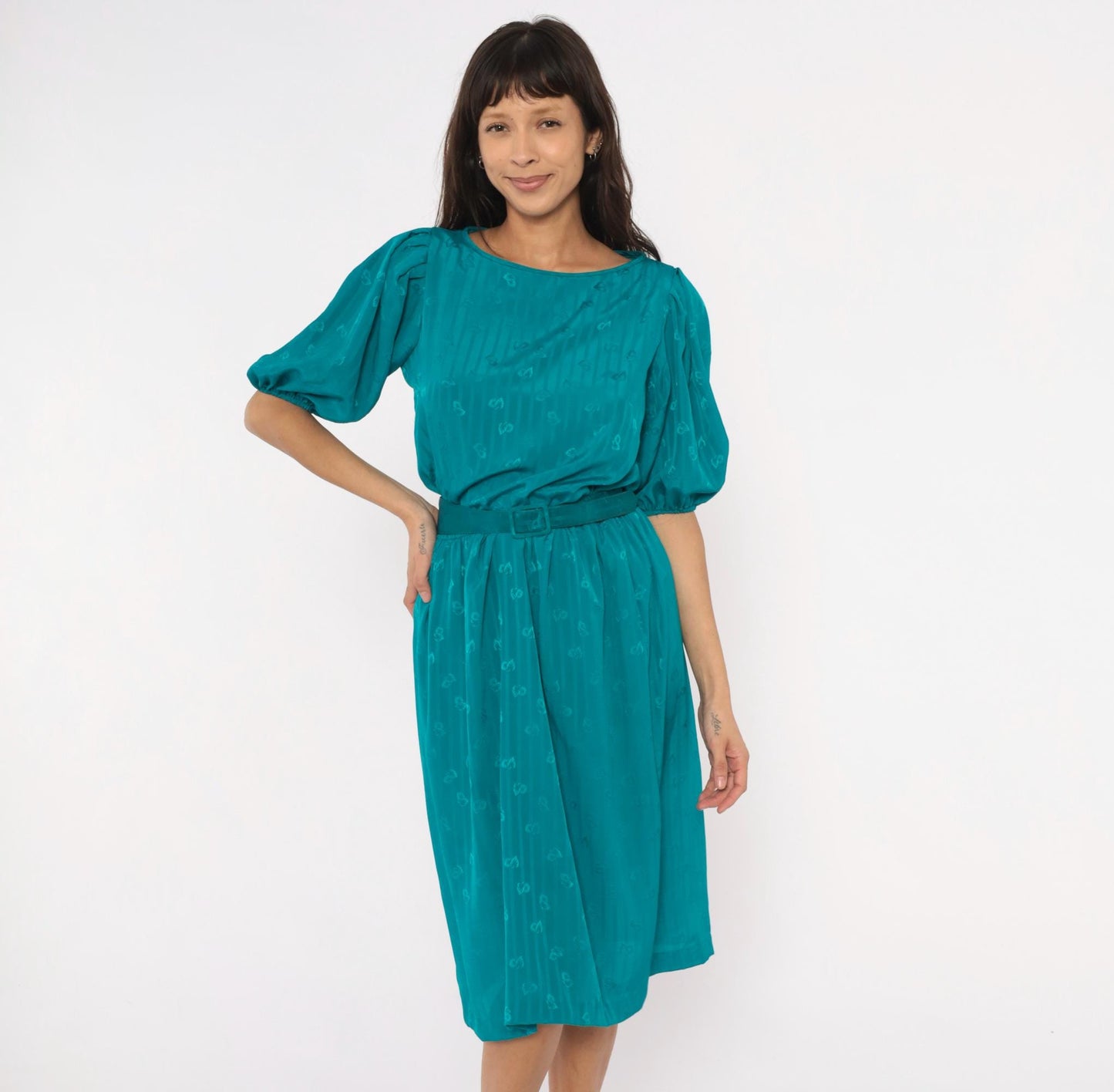 80s Liz Roberts Teal Jacquard Dress Puff Sleeve Boat Neck Knee-Length Medium