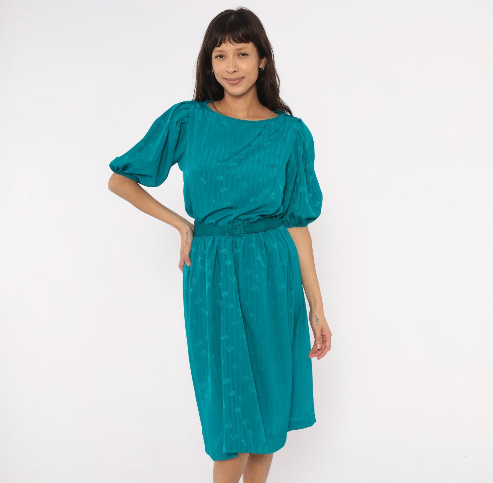 80s Liz Roberts Teal Jacquard Dress Puff Sleeve Boat Neck Knee-Length Medium