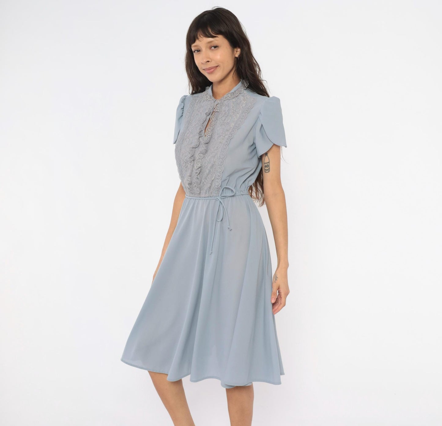 70s Powder Blue Lace Bib Midi Dress Puff Sleeve Keyhole Neckline Medium
