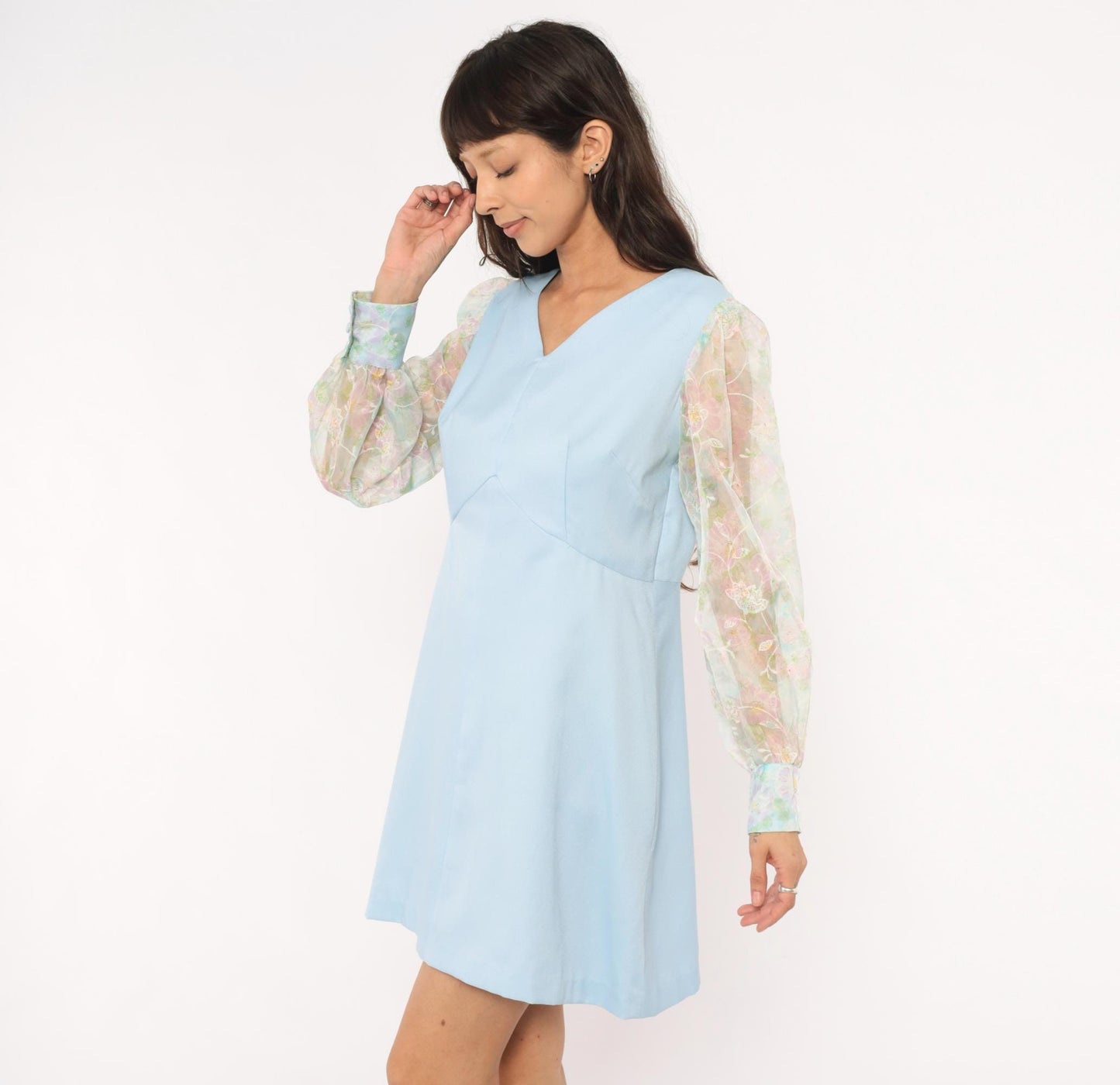 70s Sky Blue Mini Dress Sheer Floral Organza Bishop Sleeves Medium M