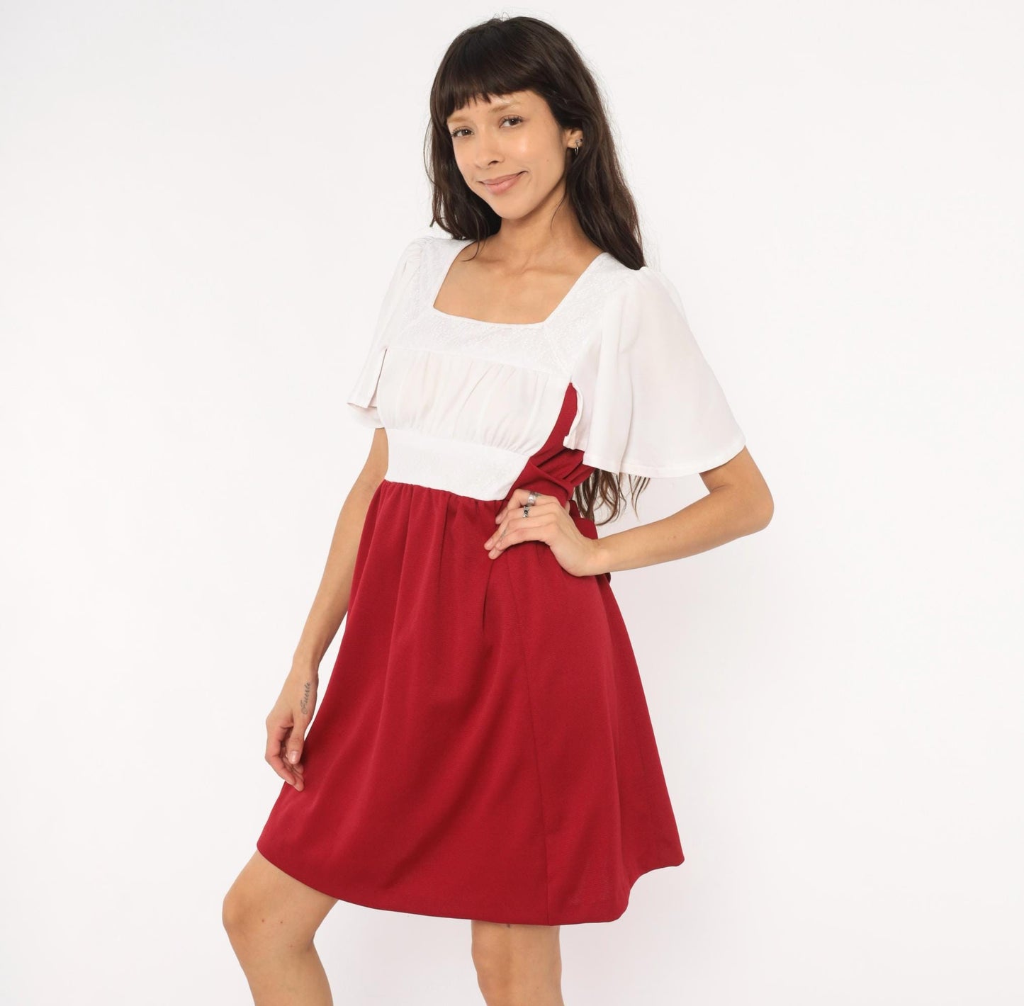 70s Burgundy Wine Mini Dress Ivory Bodice Puff Sleeve Square Neck Empire Waist Small