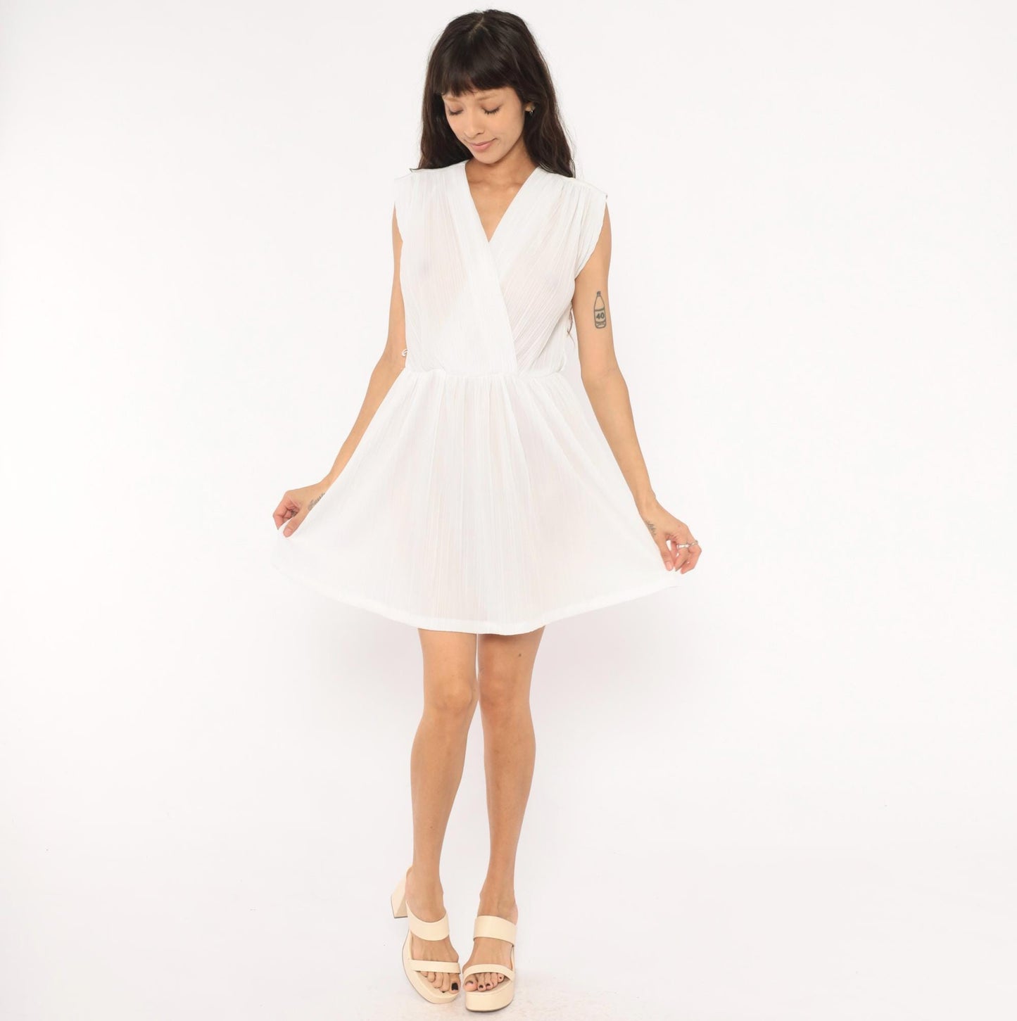 80s Jenny White Pleated Wrap Dress Chiffon V Neck Cap Shoulder Mini Small Medium