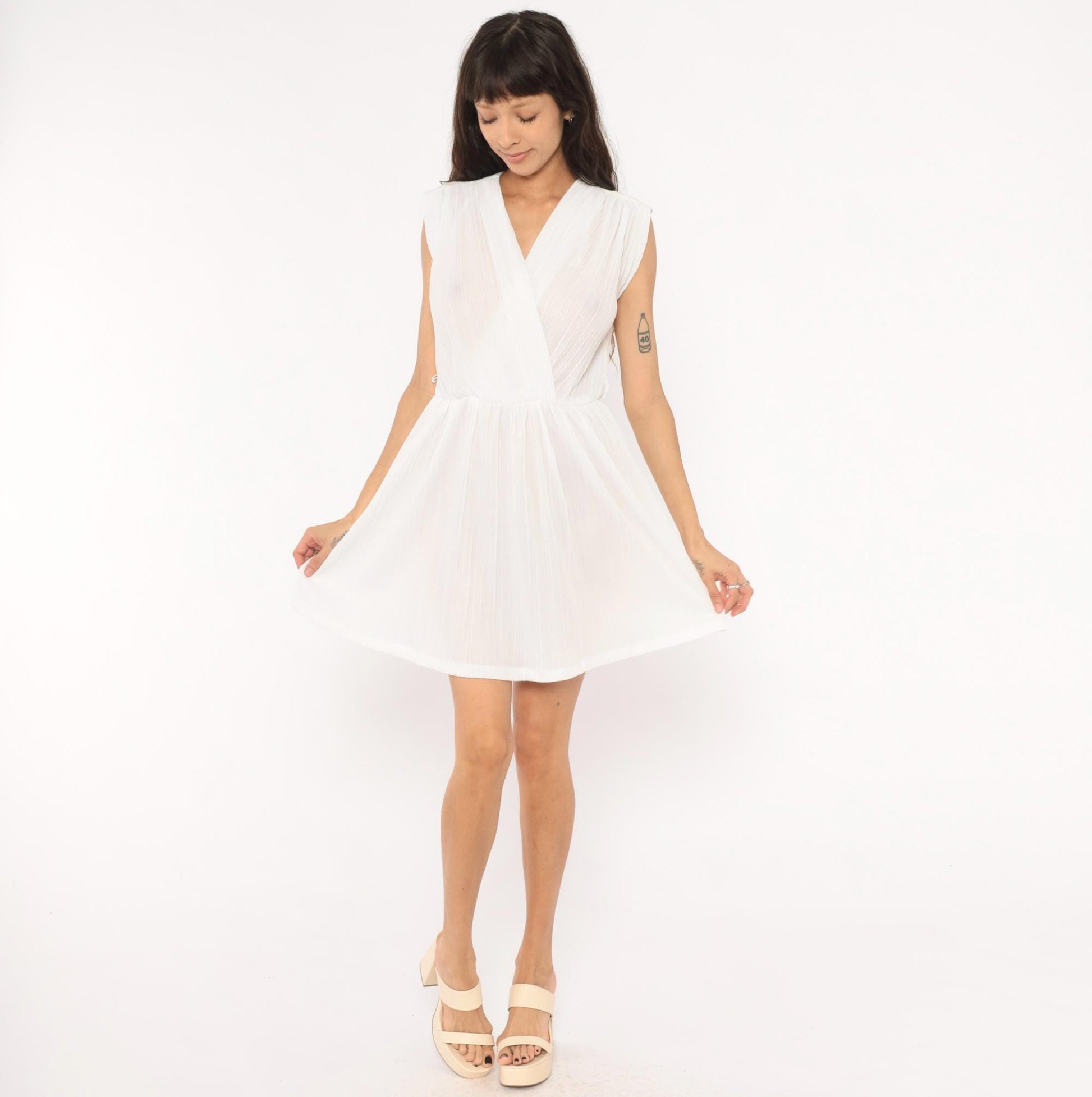 80s Jenny White Pleated Wrap Dress Chiffon V Neck Cap Shoulder Mini Small Medium