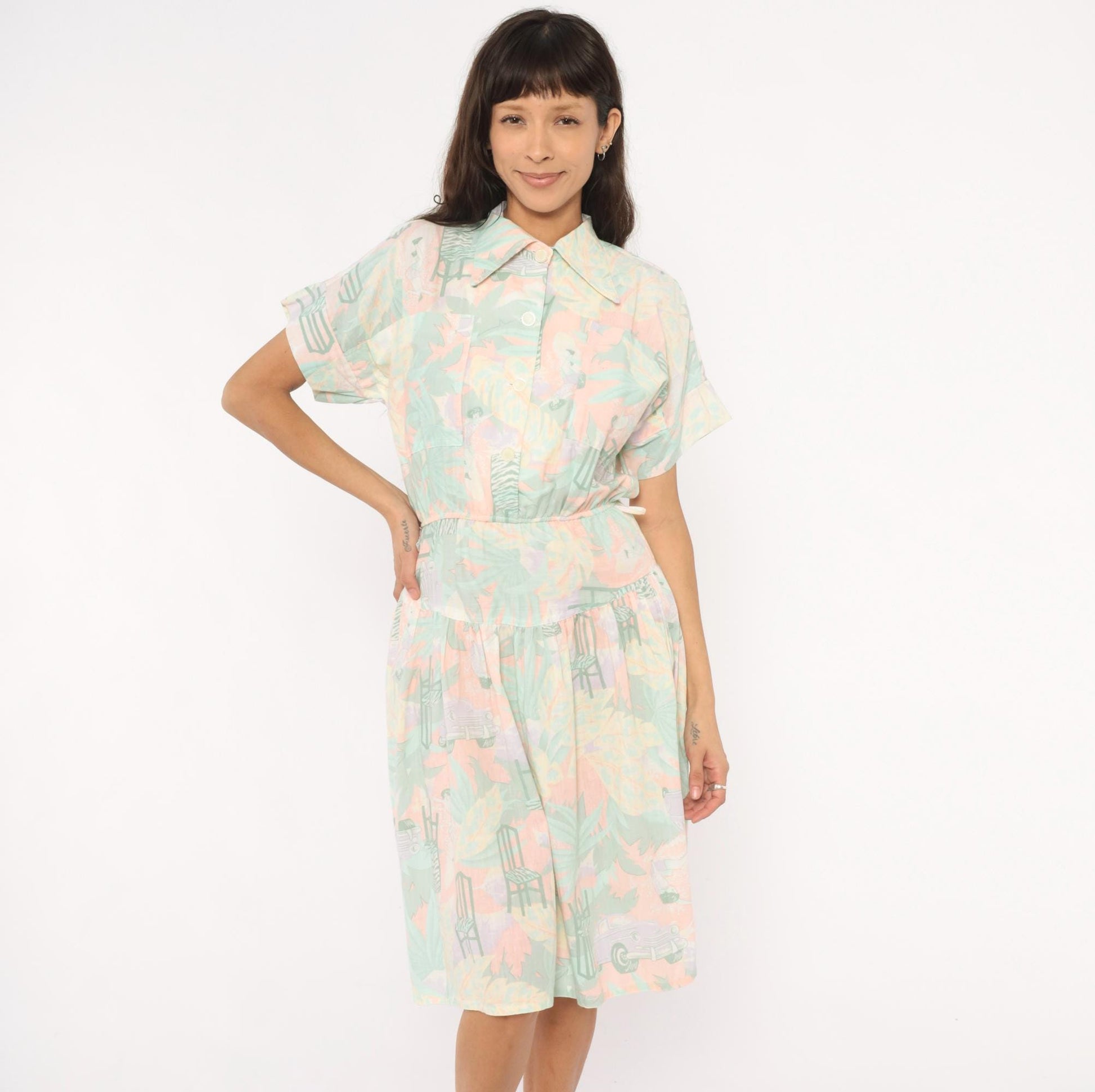 80s 3 Star Novelty Print Shirt Dress Pink Teal Knee-Length Small