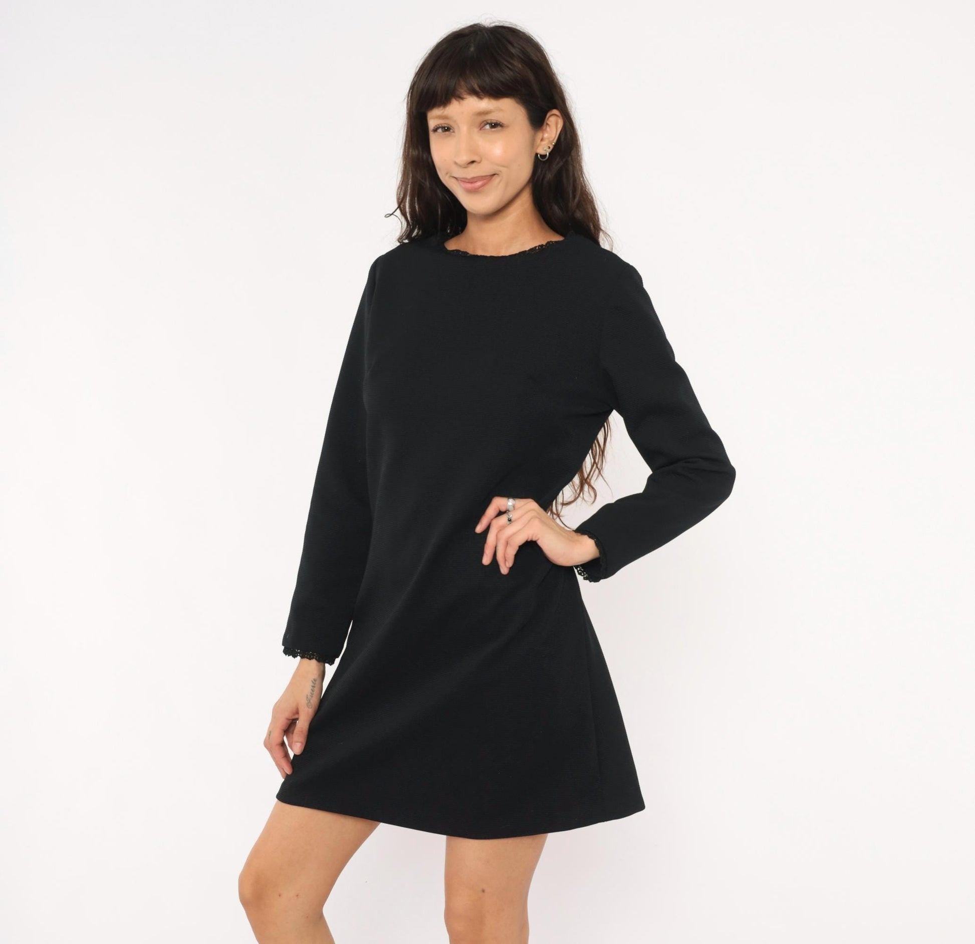 70s Meg Madison Black Shift Dress Lace Trim Long Sleeve Mini Crew Neck Large L