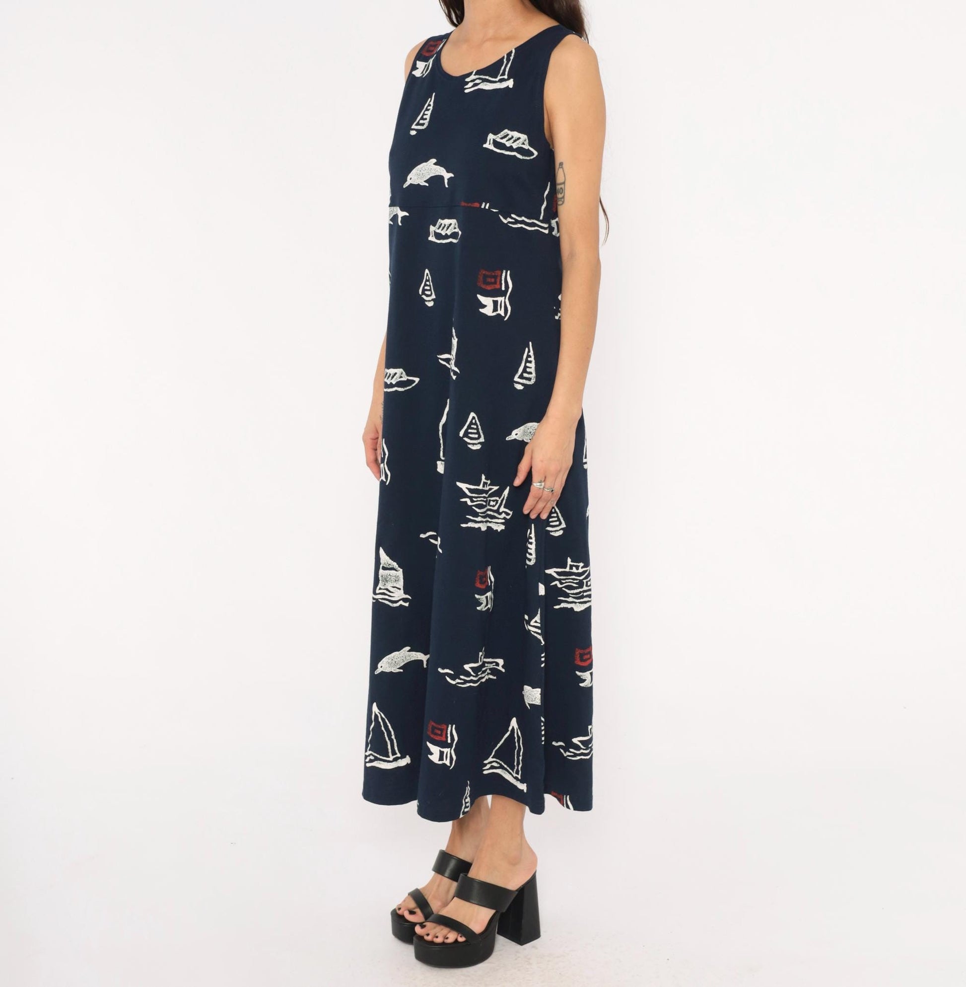 90s Copa Cabana Navy Nautical Maxi Dress Sailboat Dolphin Print Medium
