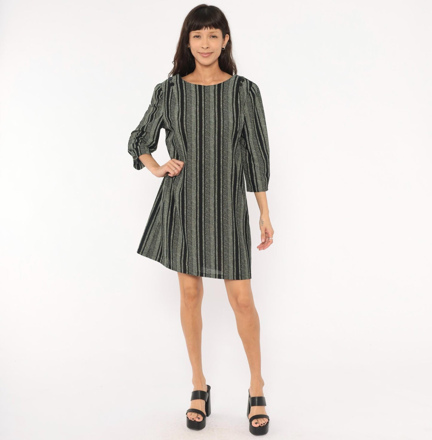 70s Zoey T Black White Striped Shift Dress Boat Neck Button Back Large