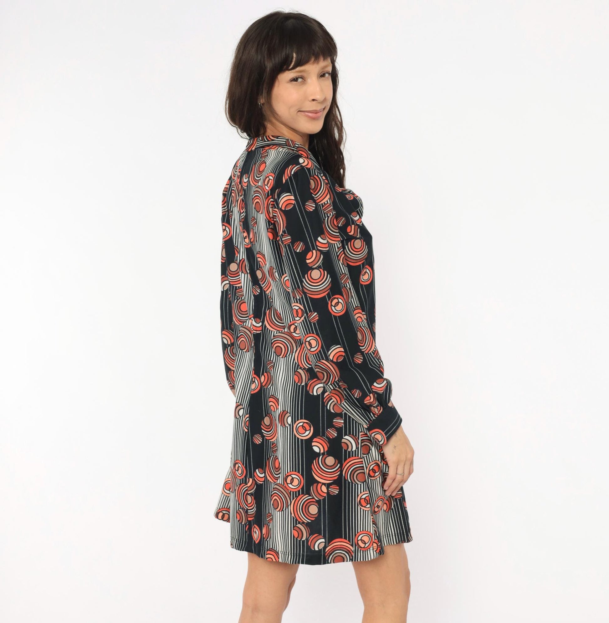 70s Geometric Circle Print Shift Dress Black Orange Pussy Bow Tie Neck Large L