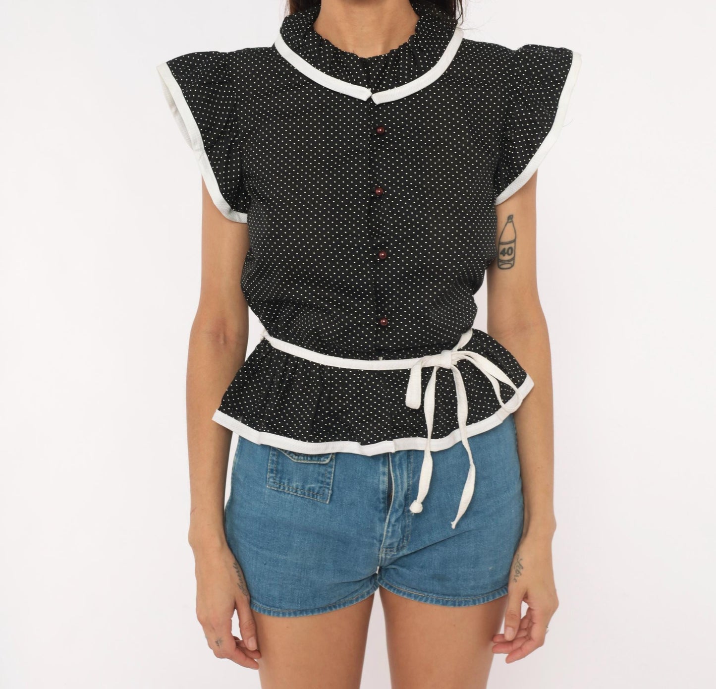 70s Caron Black White Polka Dot Peplum Blouse Flutter Sleeve Small