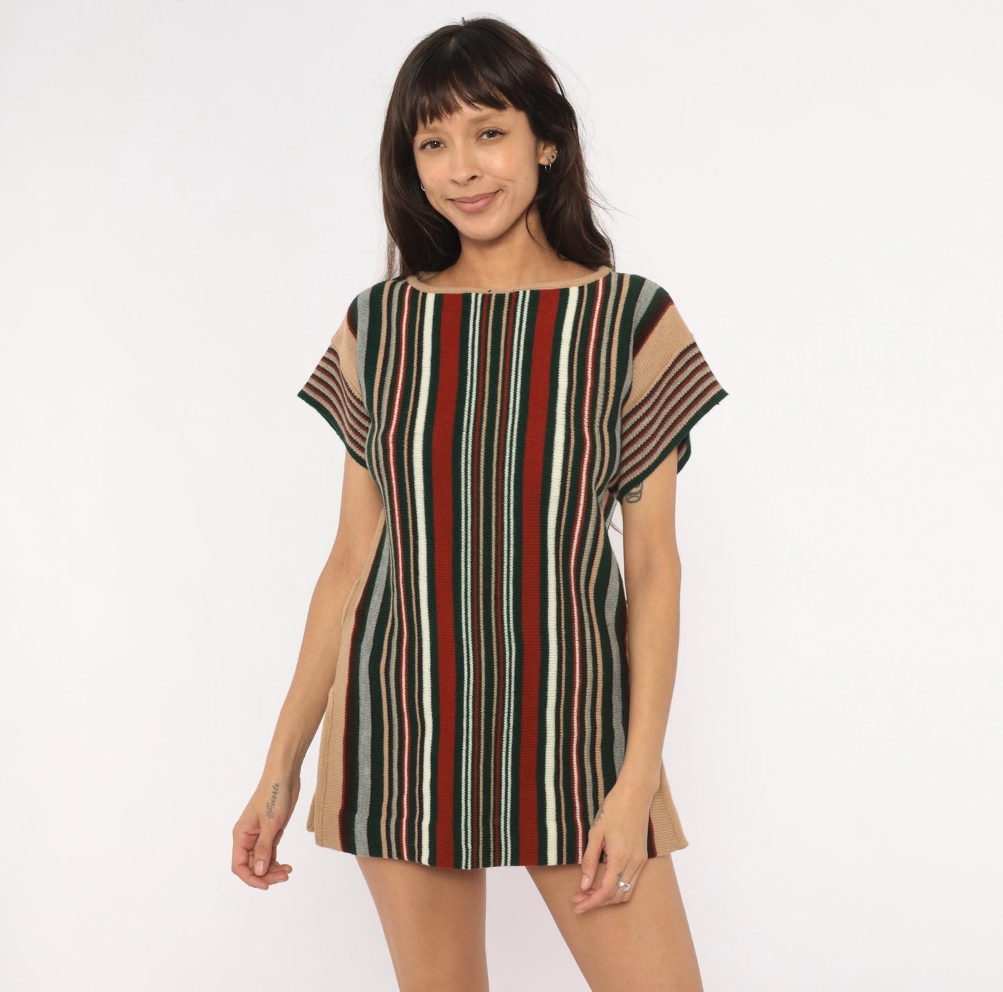 70s Exclusive Designs Striped Knit Tunic Burgundy Olive Cream Small