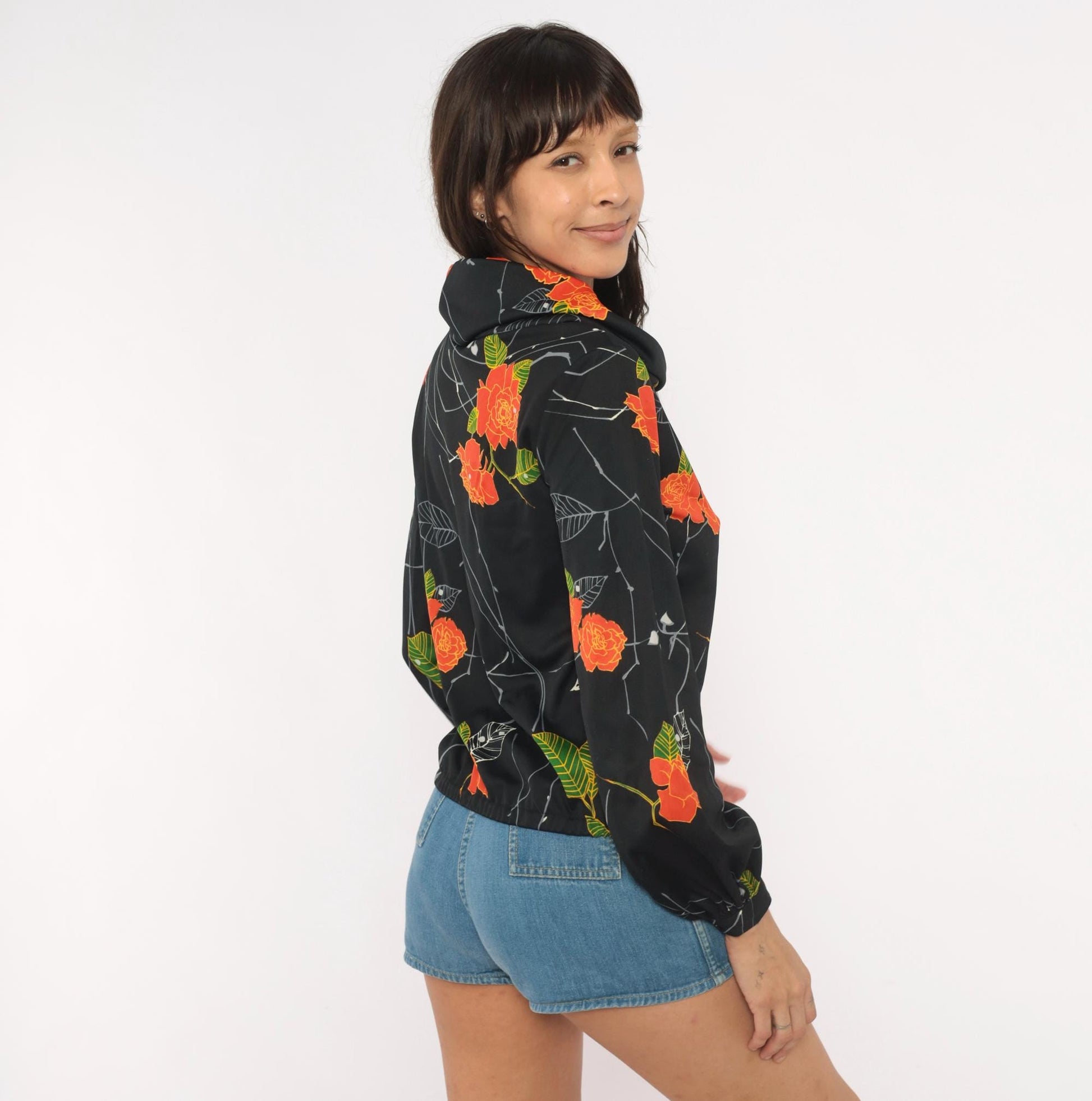 70s Lady Manhattan Cowl Neck Blouse Black Orange Rose Print Long Sleeve Small