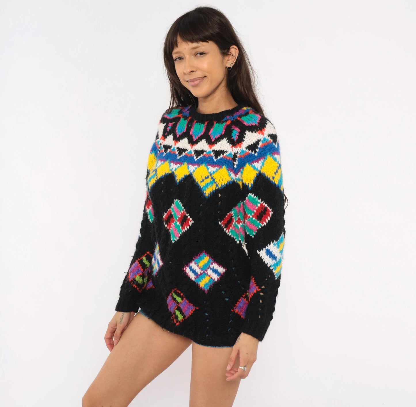 90s Kitty Hawk Fair Isle Sweater Black Multicolor Diamond Pullover Small S
