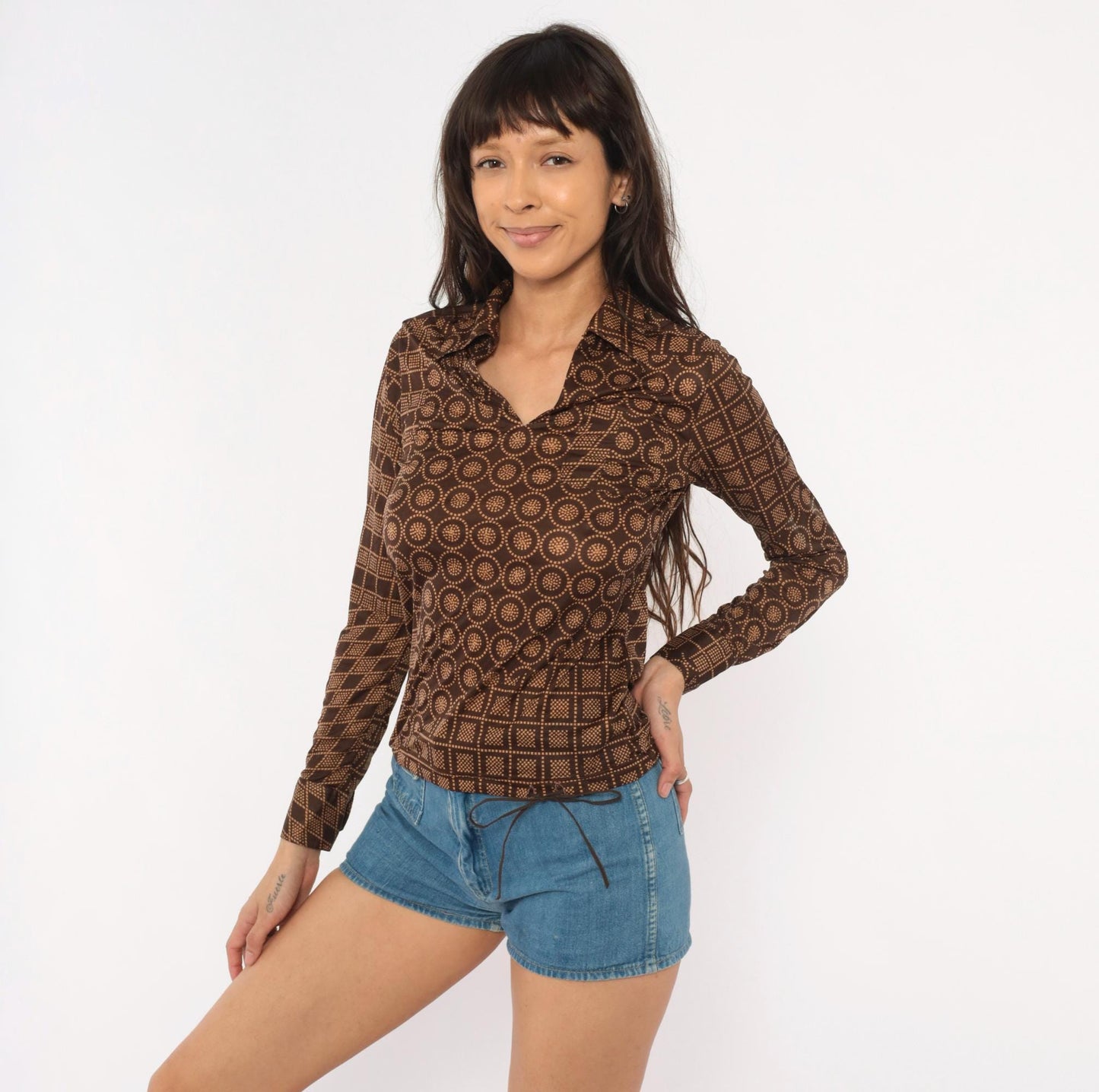 70s Esprit Geometric Dot Print Blouse Brown Tan V Neck Pullover Small