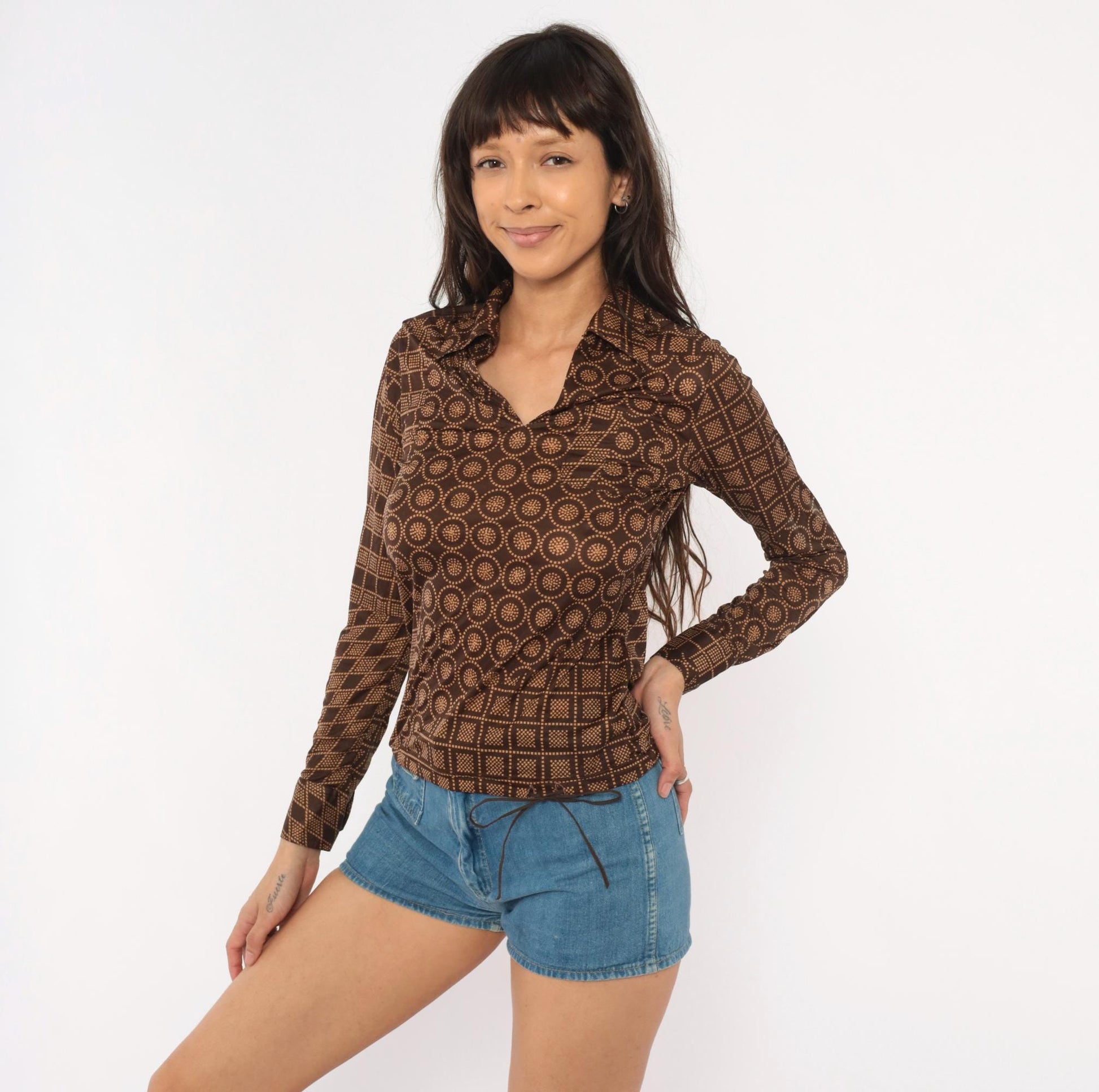 70s Esprit Geometric Dot Print Blouse Brown Tan V Neck Pullover Small