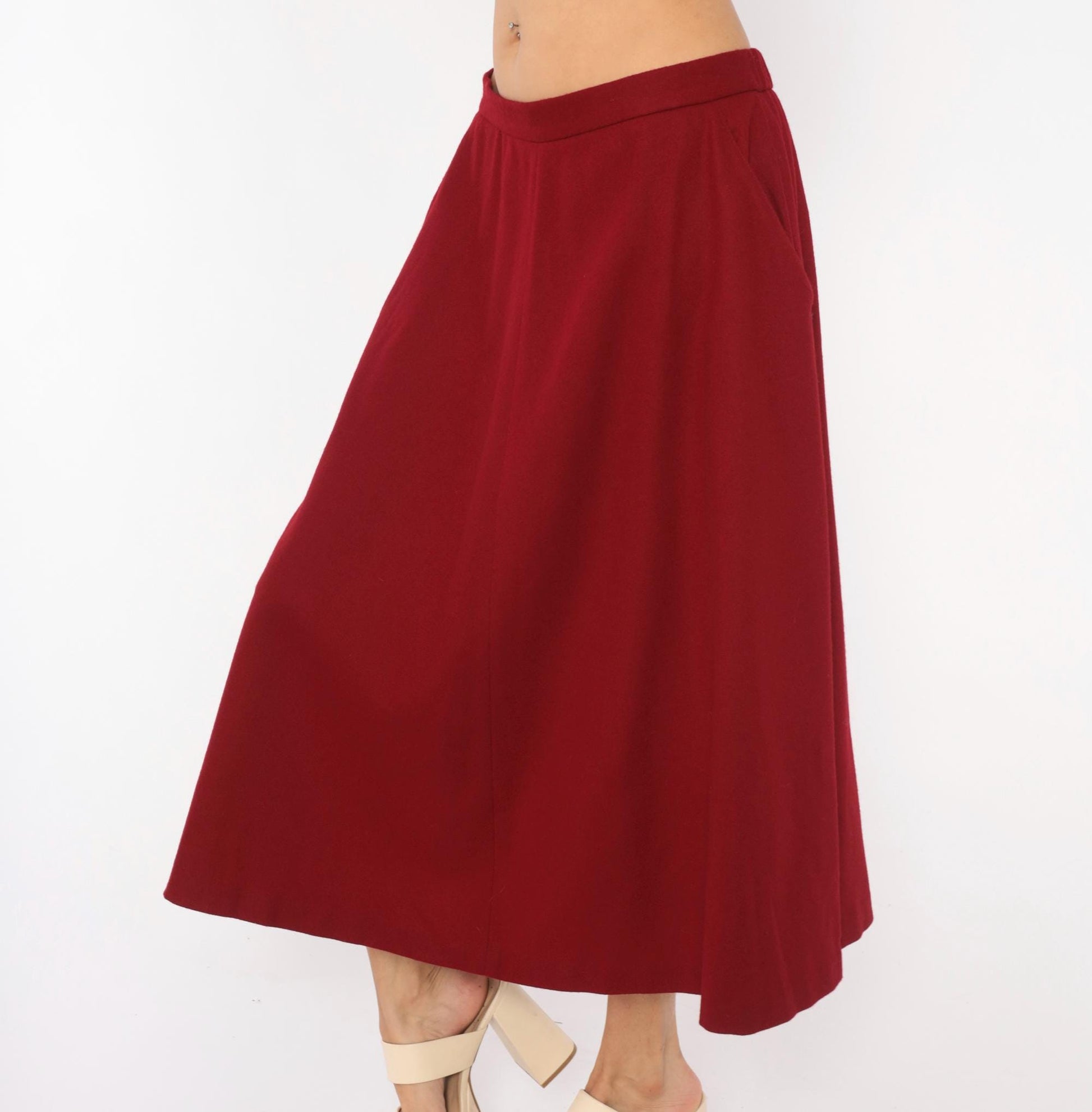 80s Koret Burgundy Wool Midi Skirt A-Line High Waist Large L