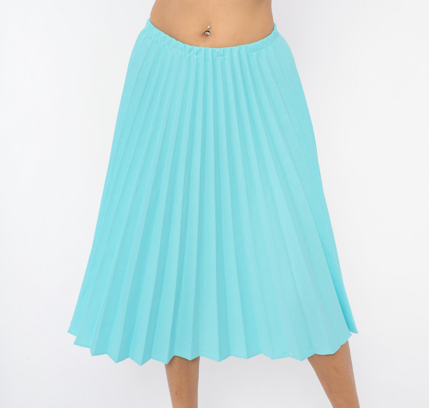 70s Aqua Pleated Midi Skirt Accordion Knife Pleat A-Line Sky Blue Small Medium