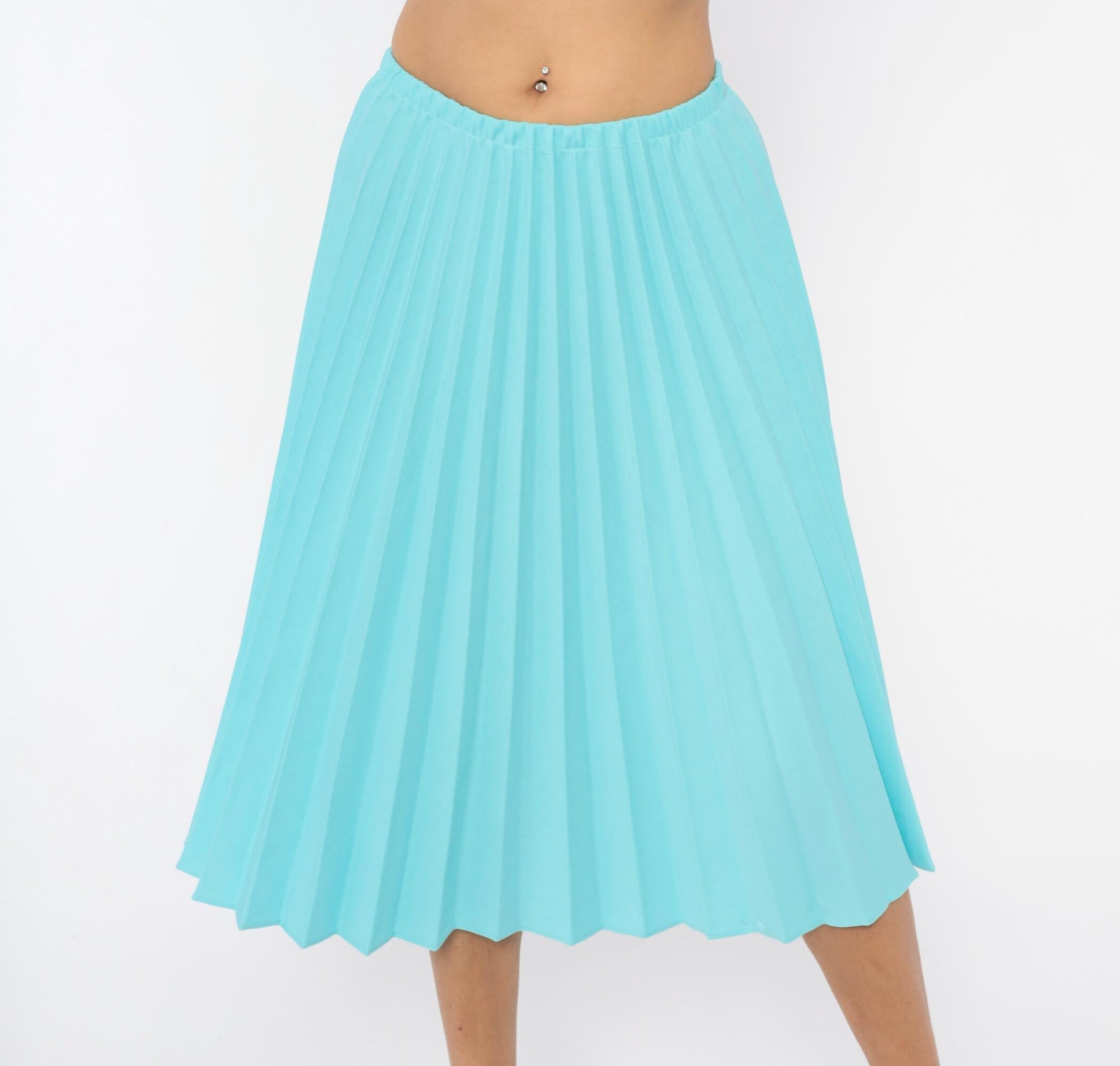 70s Aqua Pleated Midi Skirt Accordion Knife Pleat A-Line Sky Blue Small Medium