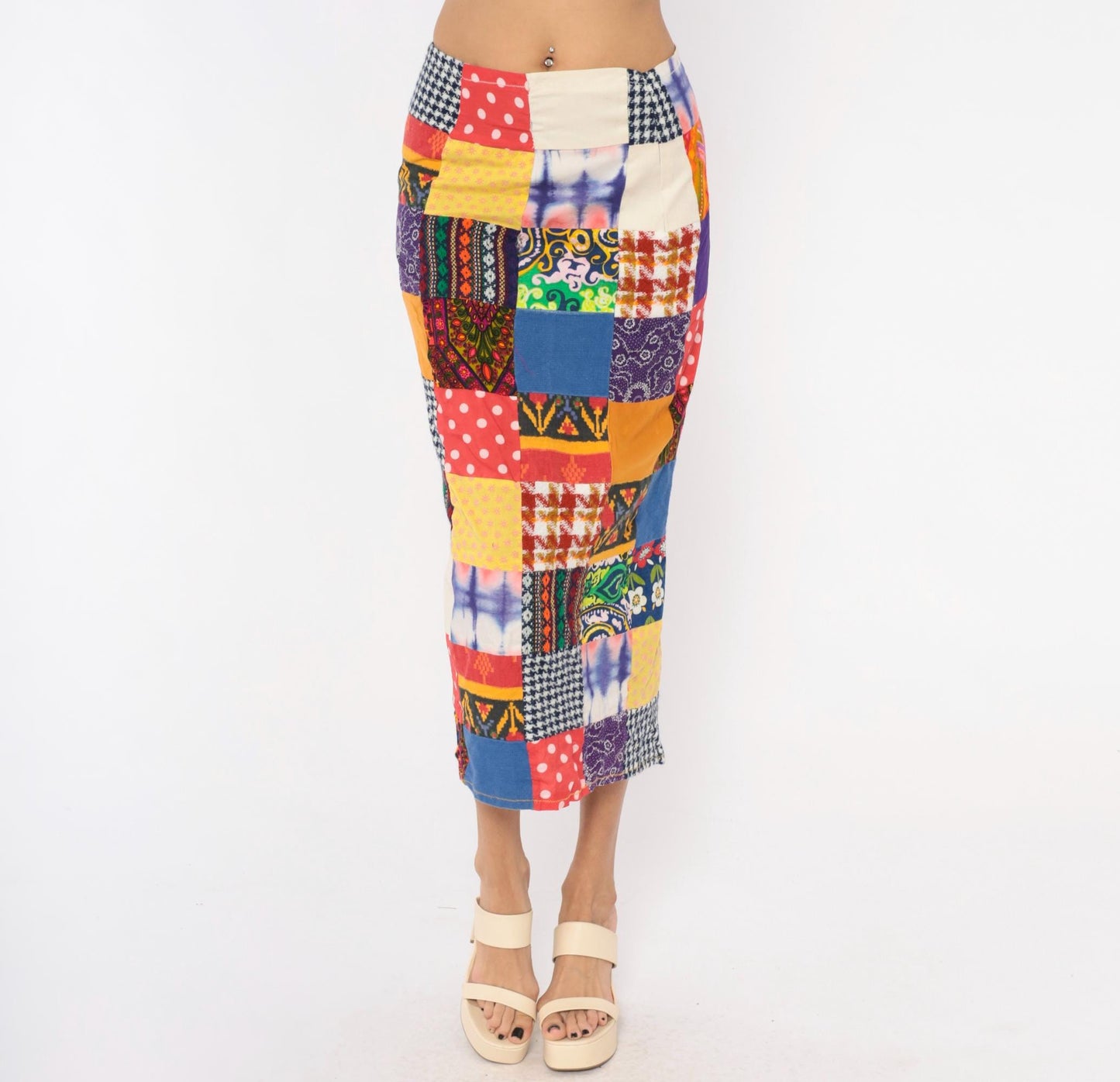 70s Patchwork Midi Skirt Quilted Multicolor High Waist Pencil Small