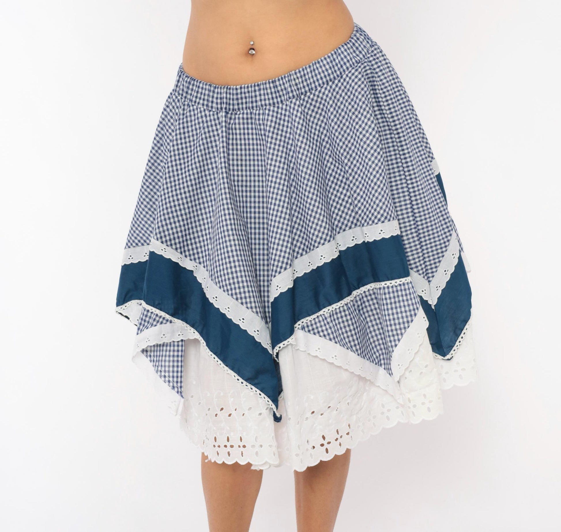 80s Jeri Bee Gingham Circle Skirt Blue White Eyelet Lace Trim Small