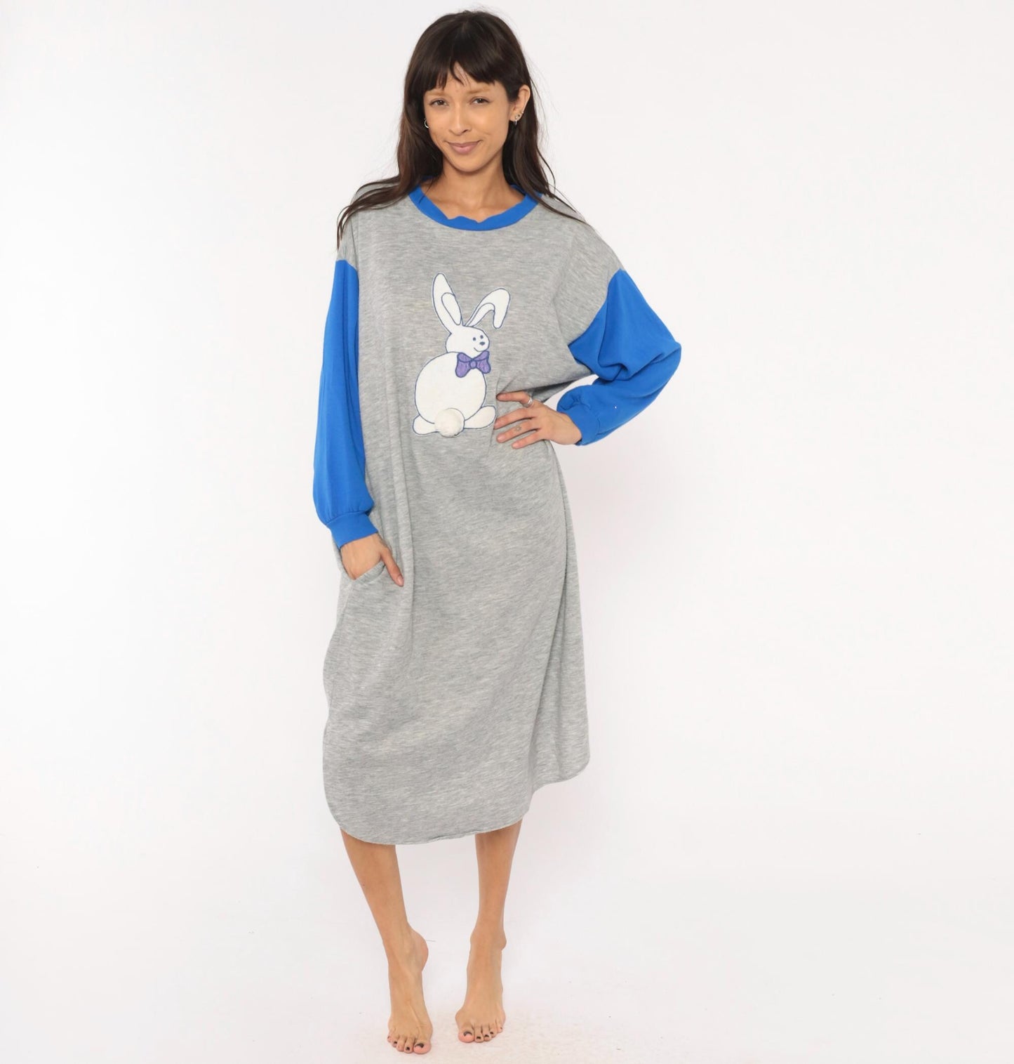 80s Kimberly Laine Bunny Applique Nightgown Grey Blue Colorblock Midi Large L