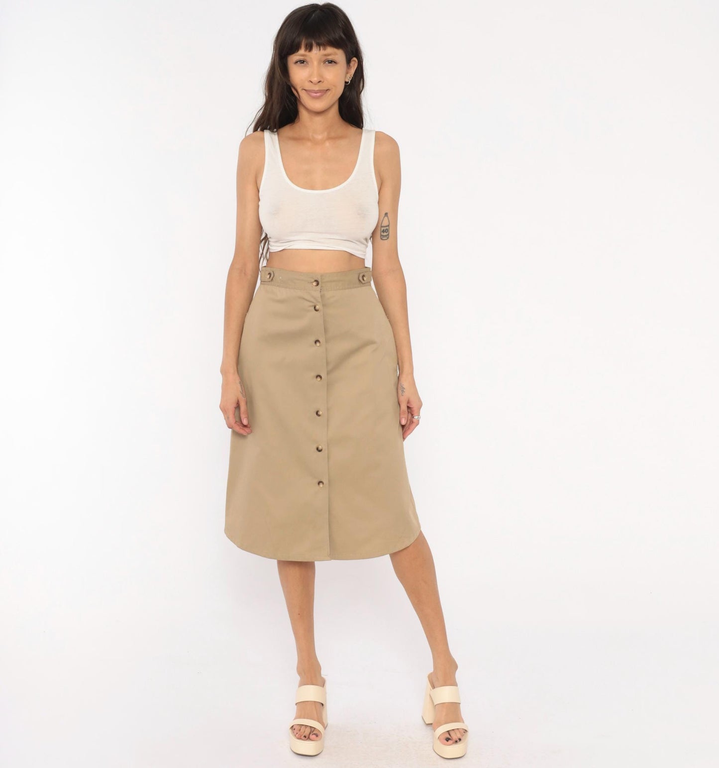 80s Bear It Khaki A-Line Midi Skirt Button Front Cotton Tan Small S