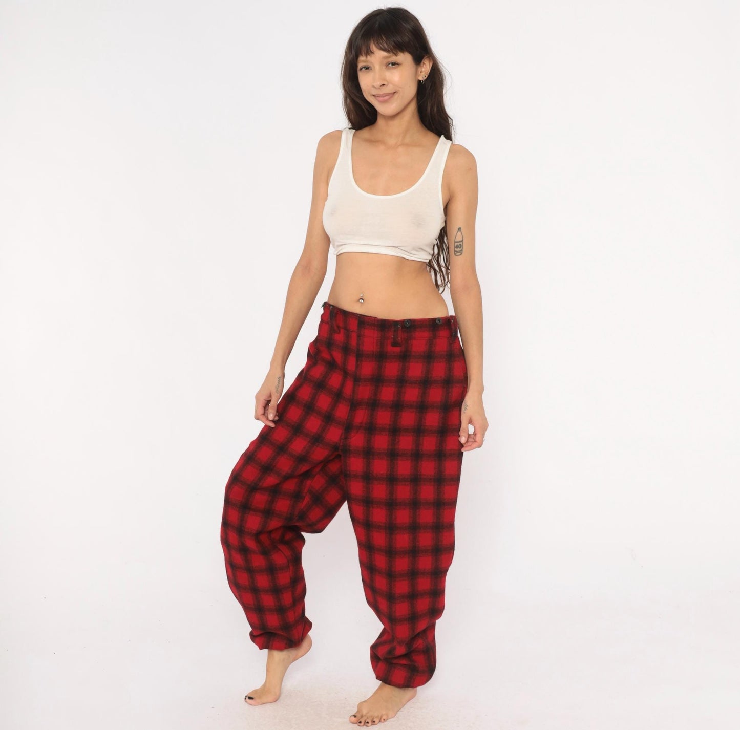 Woolrich Buffalo Plaid Wool Pants 80s Red Black Straight Leg Extra Large XL