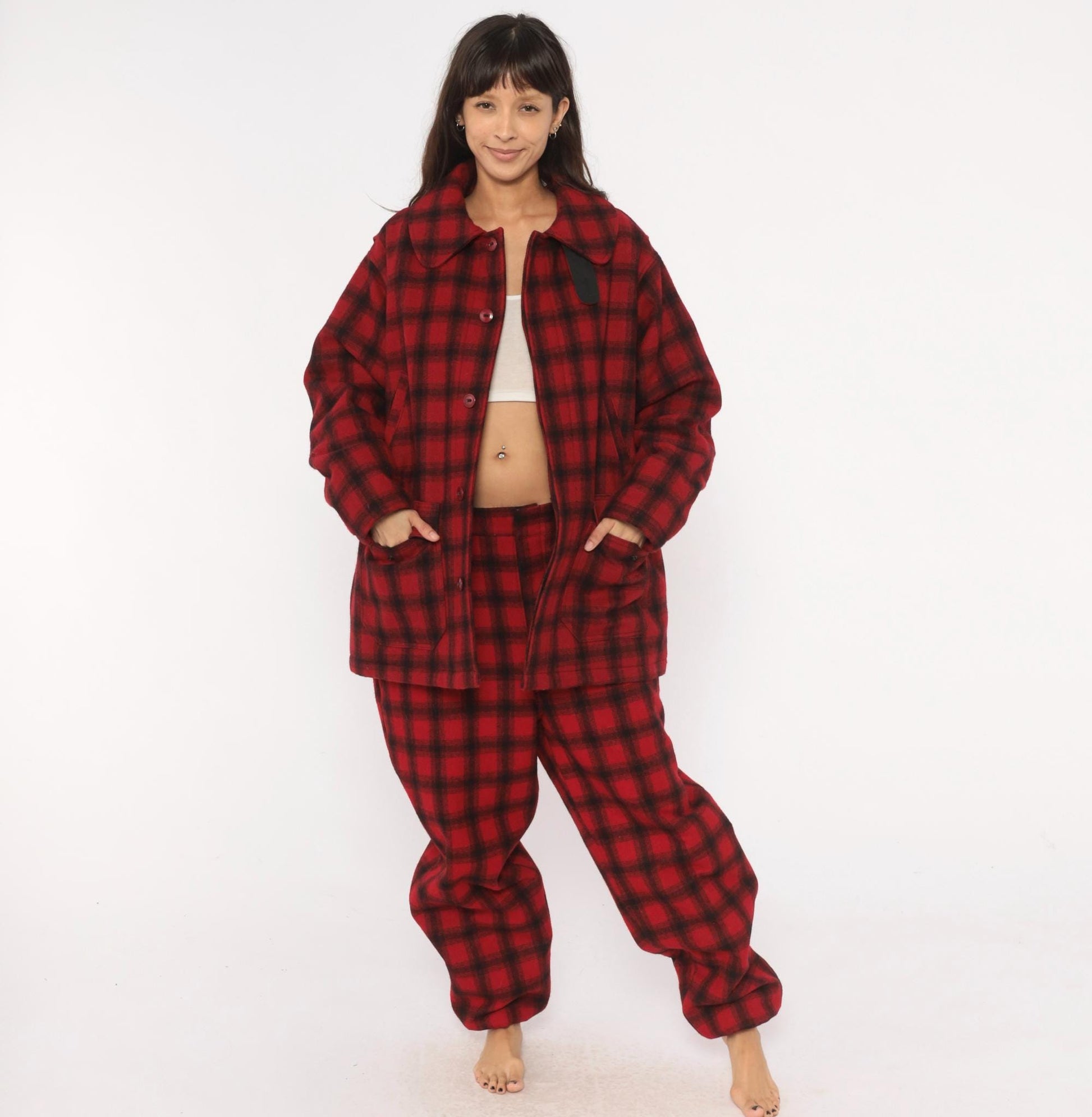 80s Woolrich Buffalo Plaid Wool Hunting Jacket Black Red Peter Pan Collar Large L