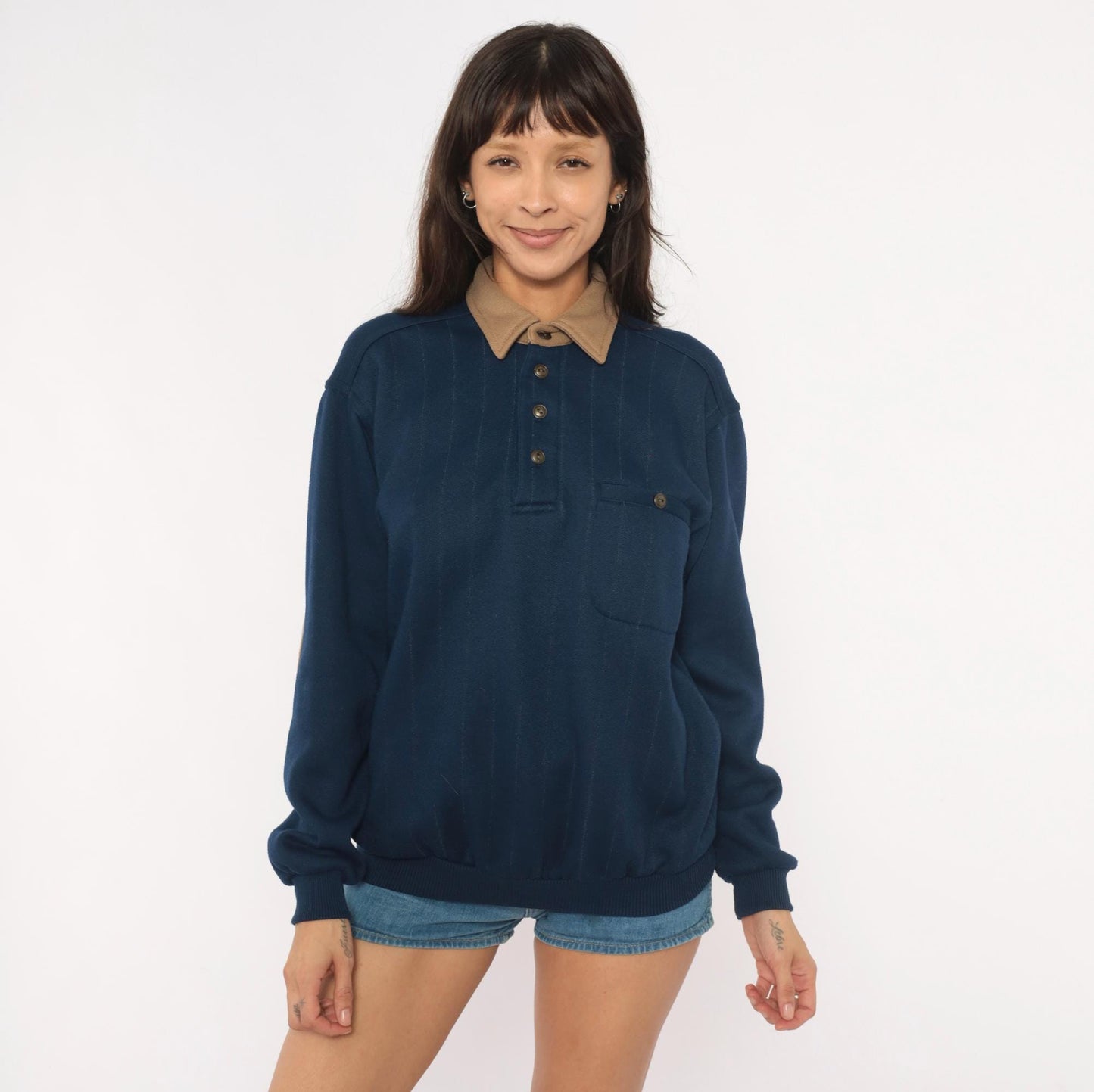 90s Scandia Woods Navy Polo Sweater Tan Elbow Patches Henley Medium M