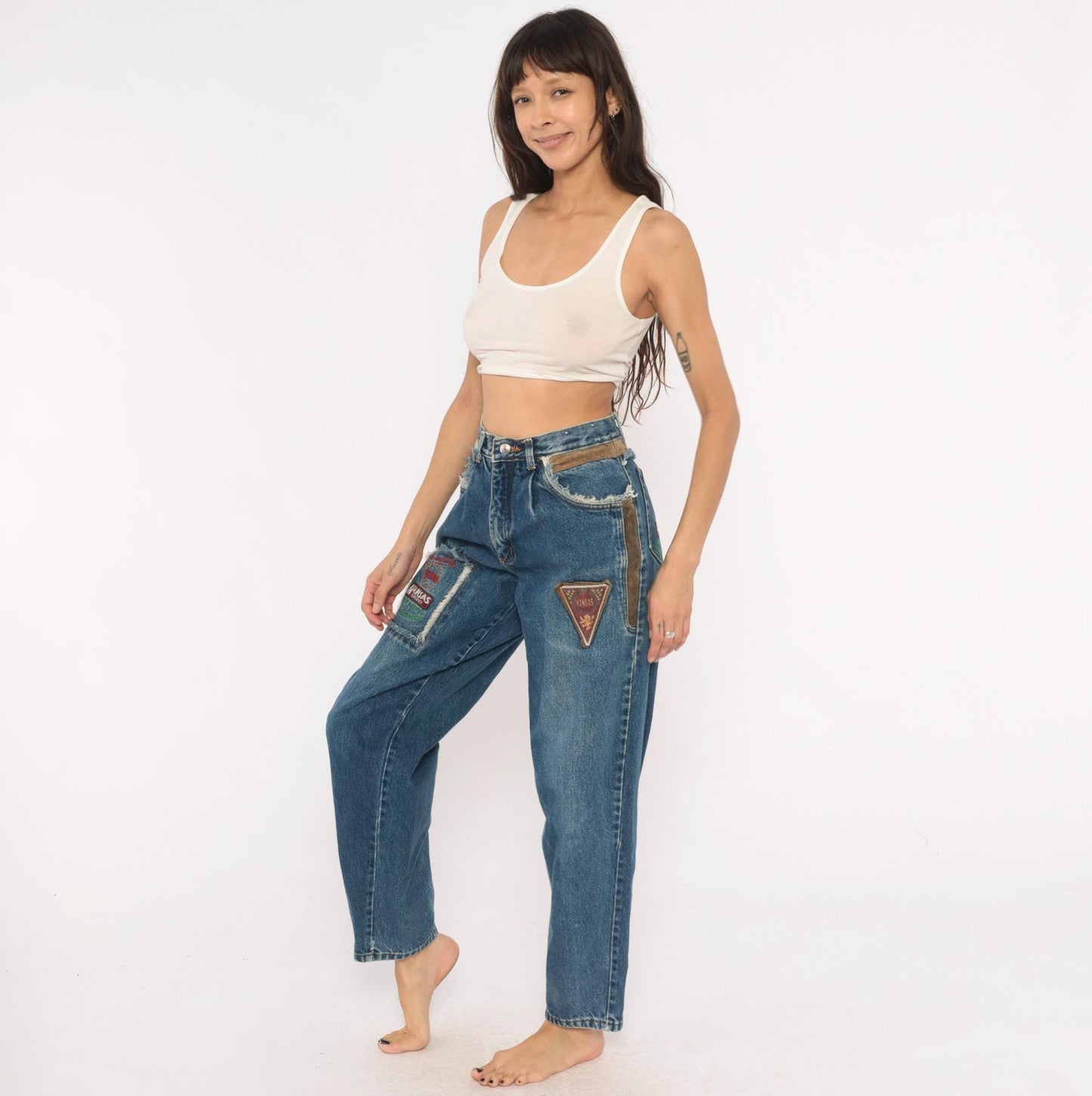 90s Kansas Brand Patchwork Denim Jeans High-Waisted Tapered Blue Suede Trim Small