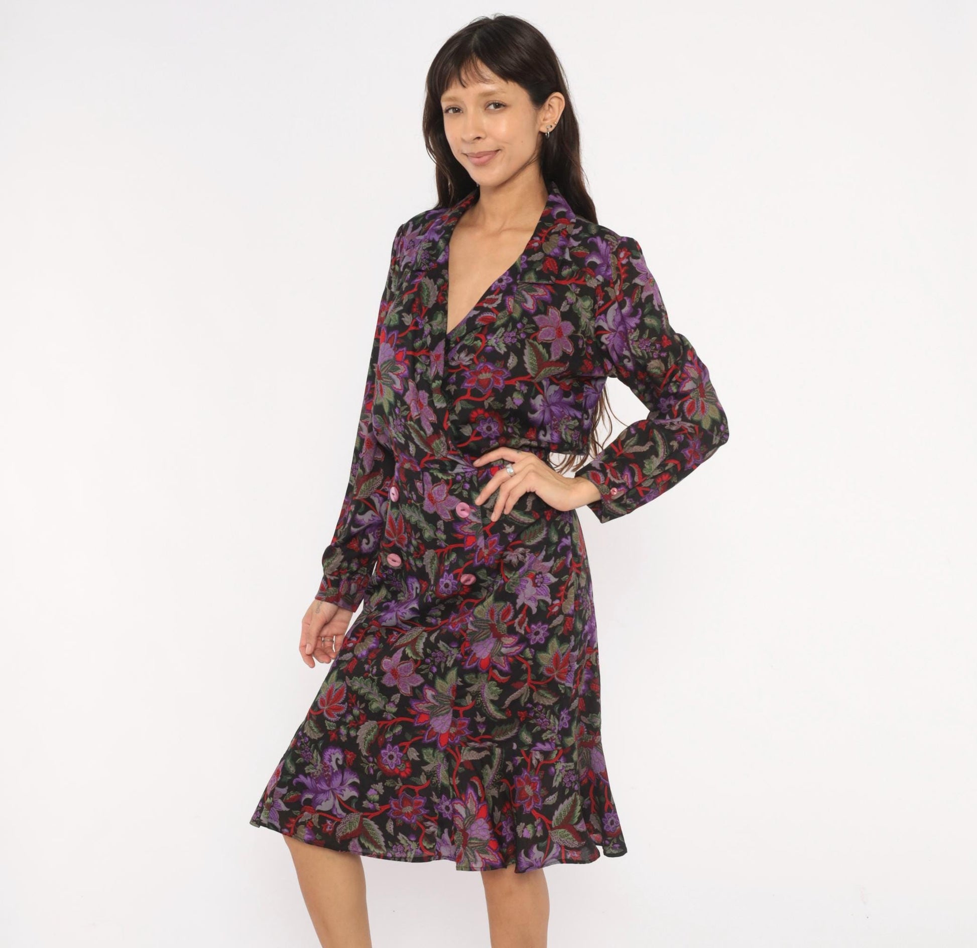 90s Breli Originals Floral Wrap Dress V Neck Long Sleeve Black Purple Small