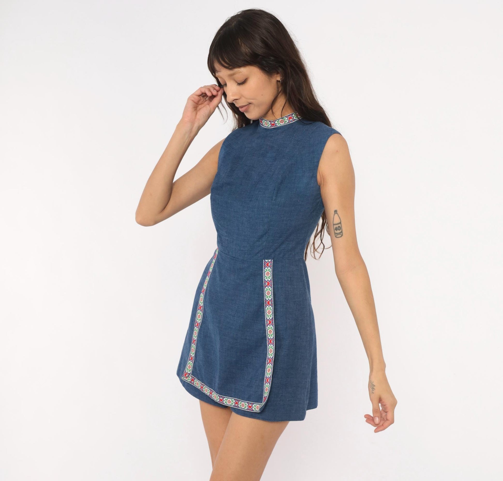 60s Navy Chambray Romper Embroidered Folk Floral Mock Neck Playsuit XS