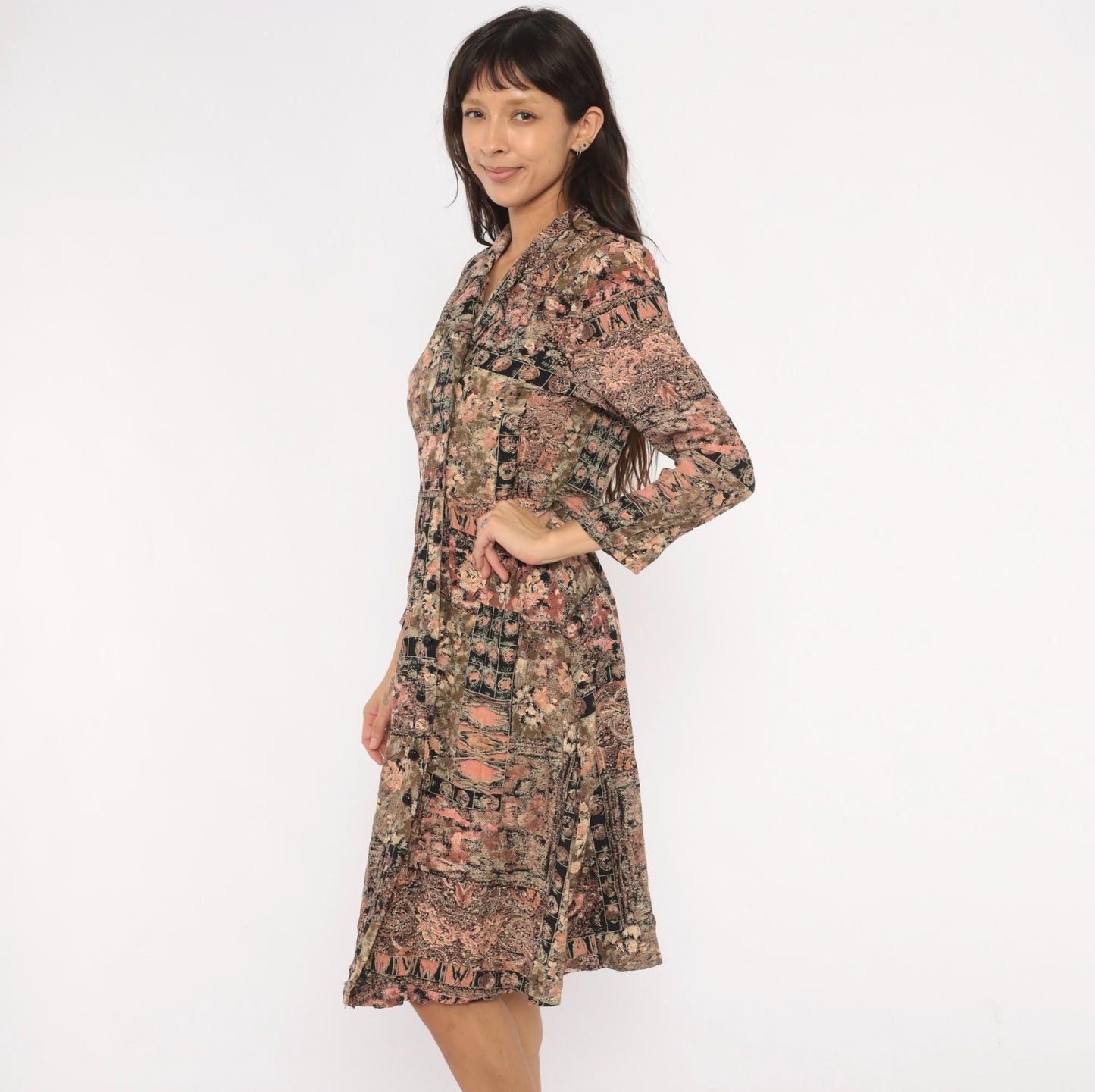 90s Patchwork Floral Midi Dress Paisley Mixed Print Pink Black Olive Small