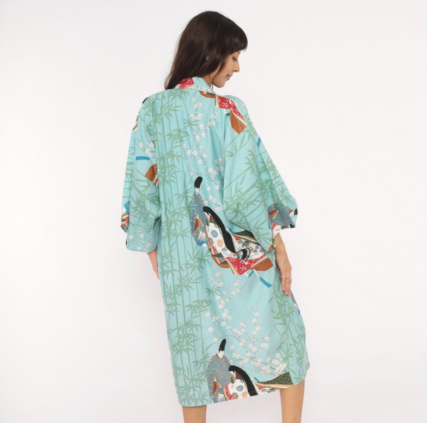 70s Hayashi Kimono Robe Blue Cotton Ukiyo-e Geisha Print Knee-Length Small