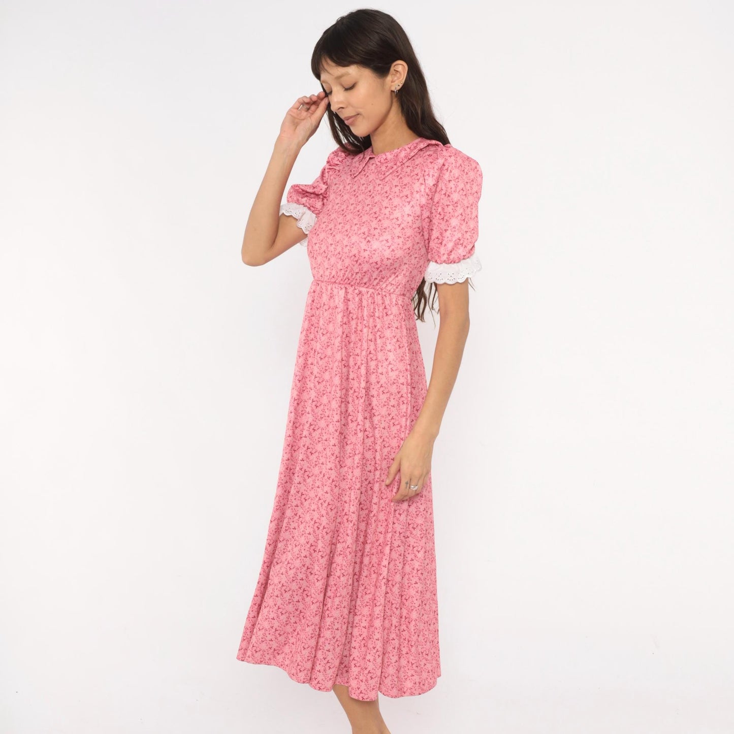 Y2K Pink Floral Midi Dress Puff Sleeve Peter Pan Collar Eyelet Lace Small S