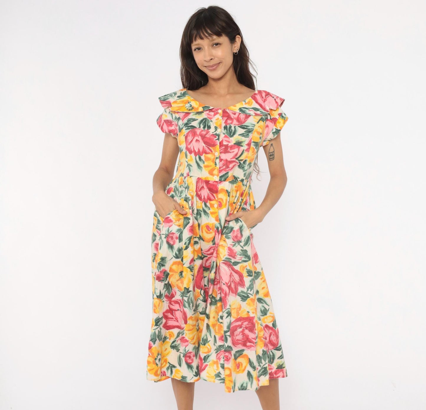 80s Floral Midi Dress Ruffle Collar Rose Print Cream Cotton Medium M