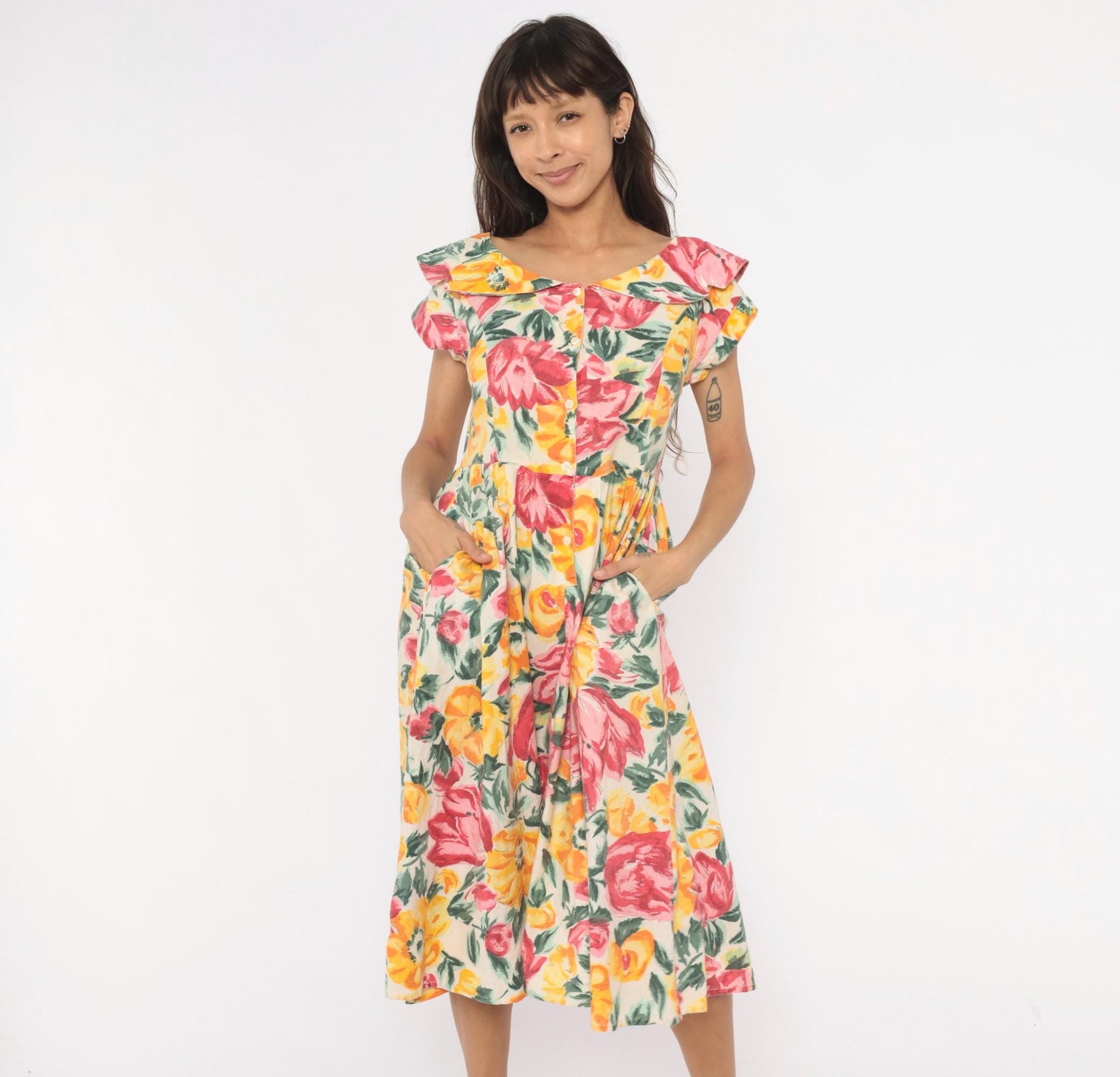 80s Floral Midi Dress Ruffle Collar Rose Print Cream Cotton Medium M