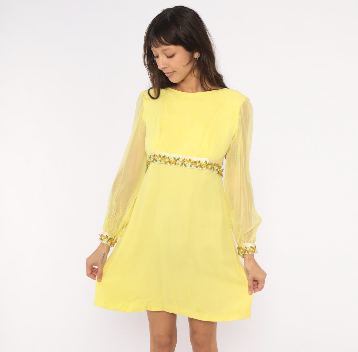 1960s Yellow Chiffon Empire Waist Mini Dress Embroidered Floral Small