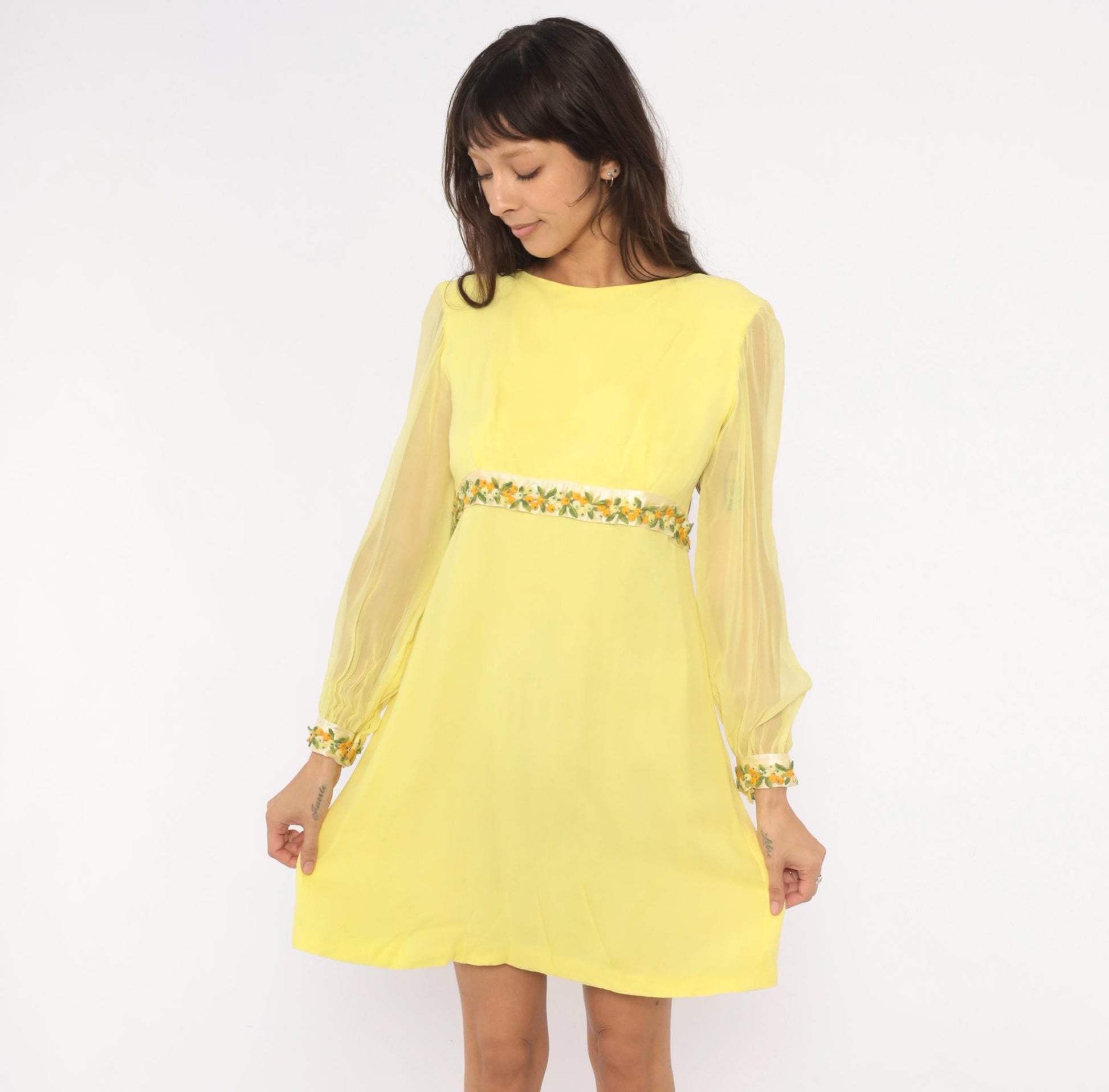 1960s Yellow Chiffon Empire Waist Mini Dress Embroidered Floral Small