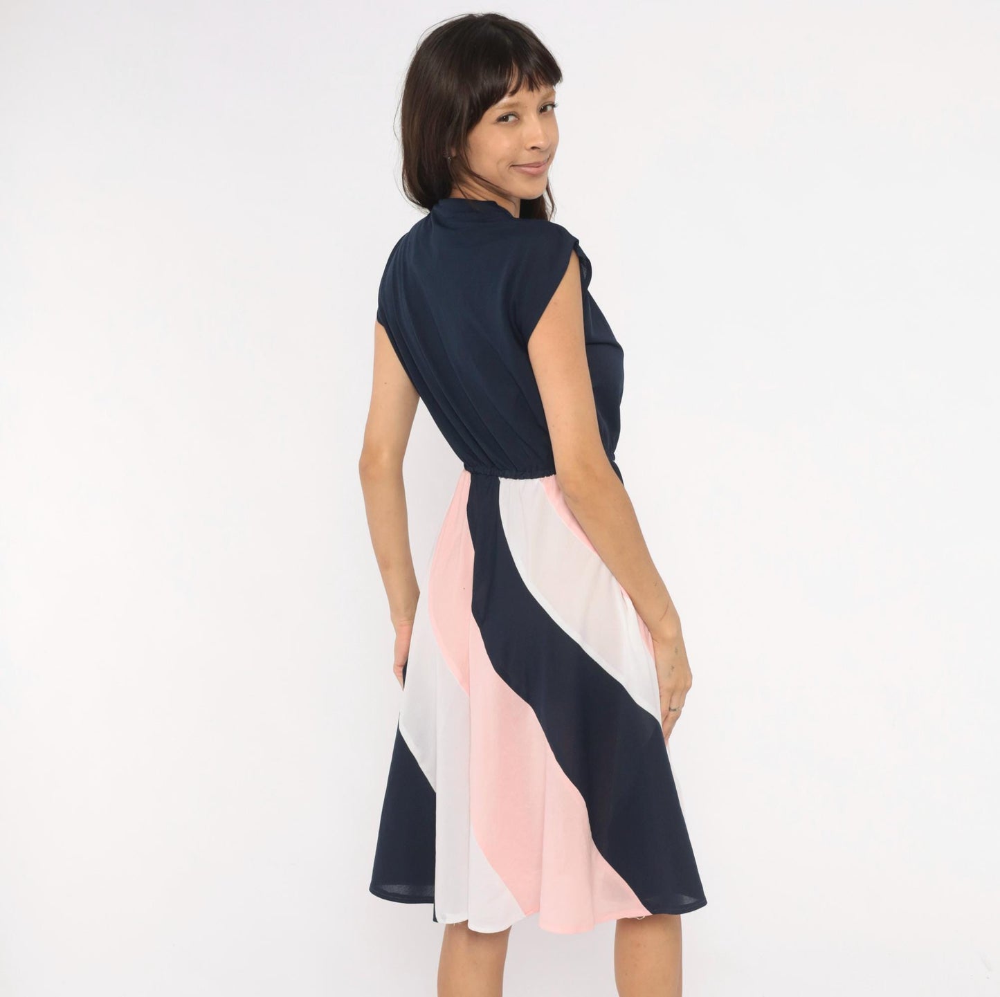 70s Navy Colorblock Sundress Pink White Diagonal Stripe Knee-Length Medium