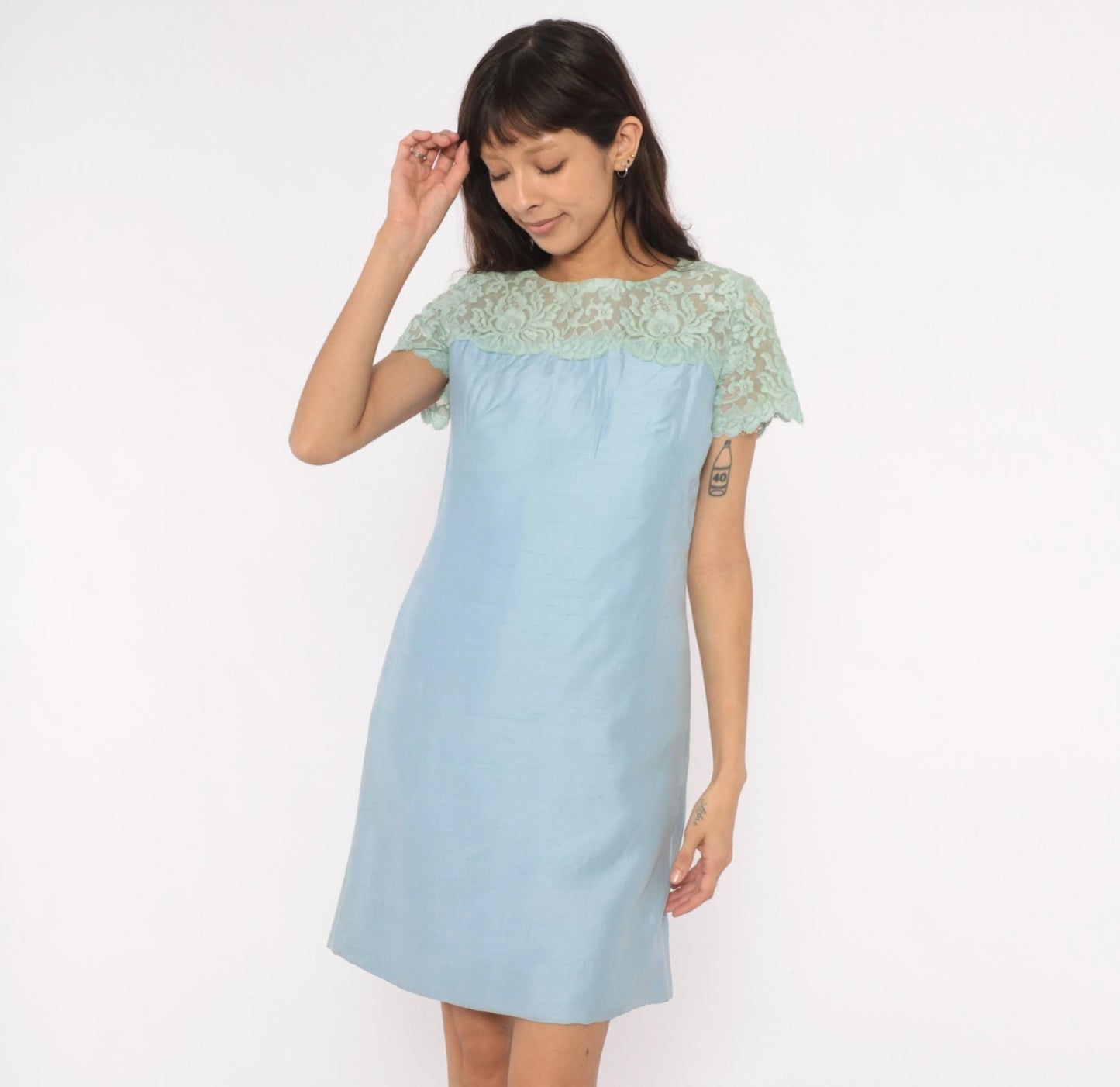 1960s Country Miss Mint Lace A-Line Shift Dress Powder Blue Small