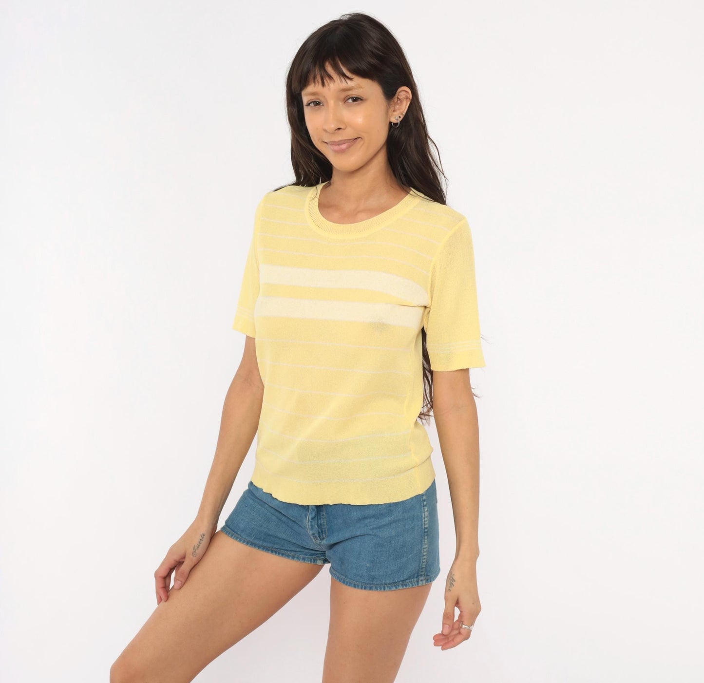 70s Ronfinne Striped Knit Top Yellow White Crew Neck Short Sleeve Small Medium