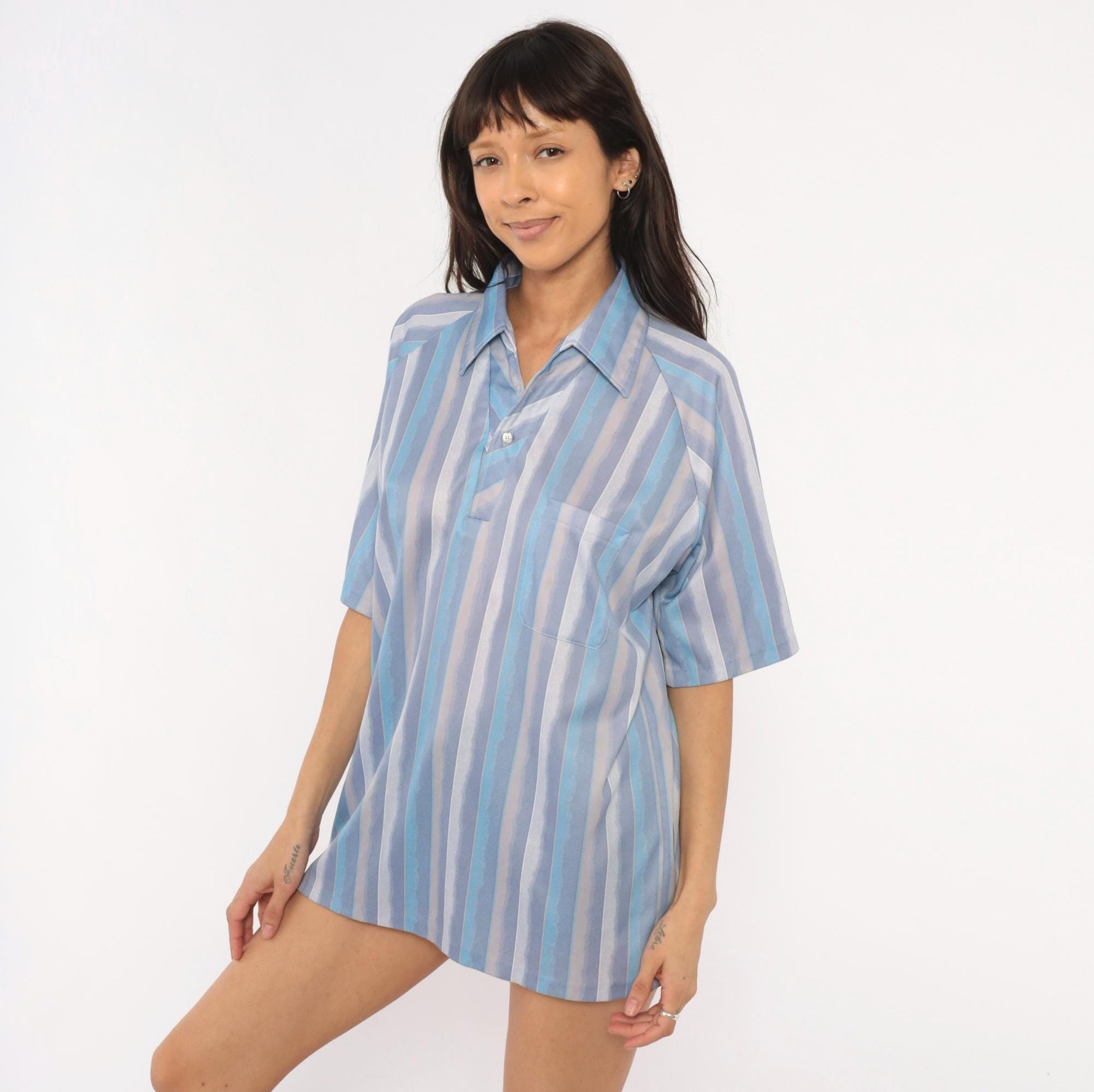 90s Dache Watercolor Stripe Polo Lavender Blue Grey Short Sleeve Large L